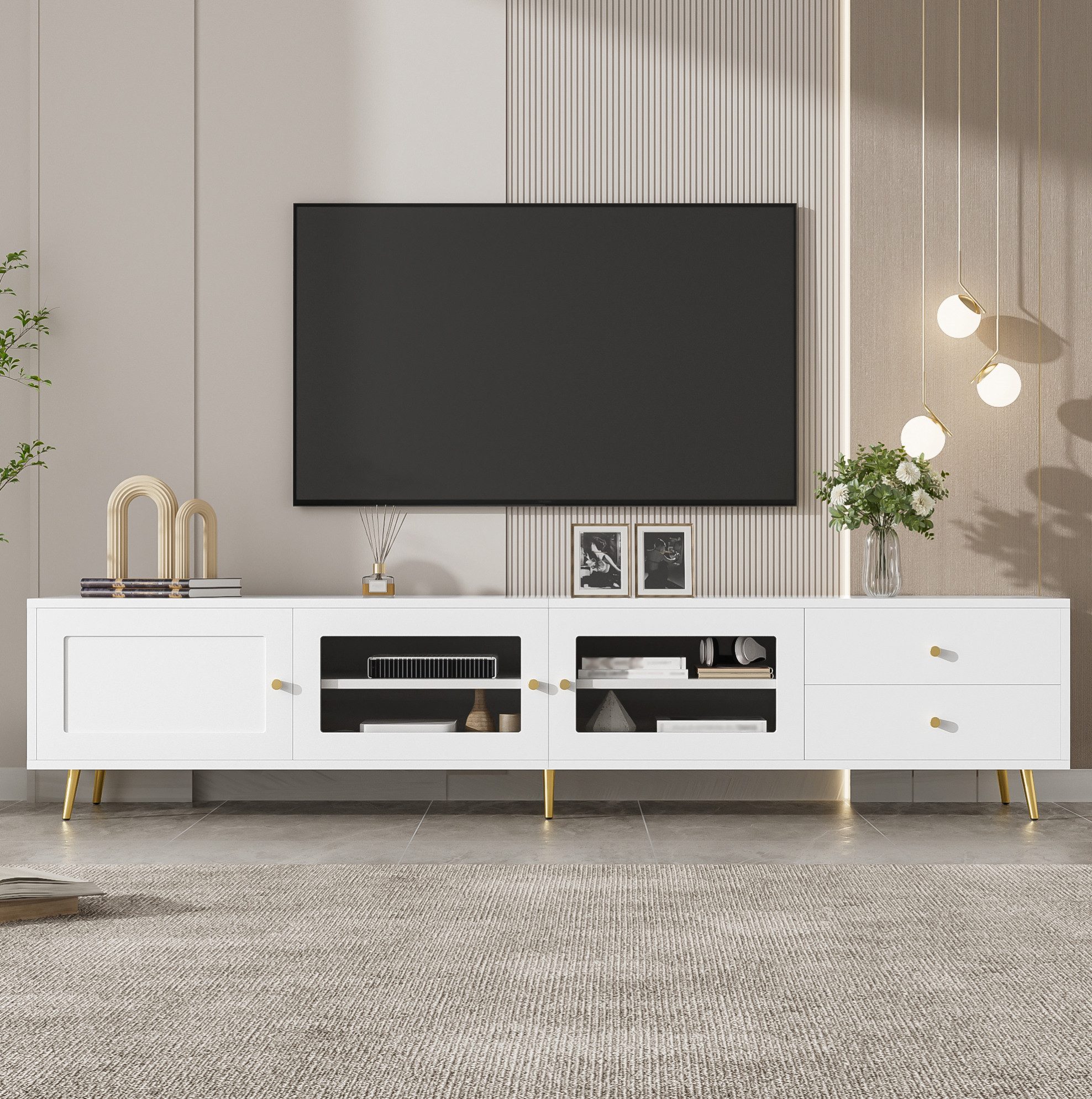 OKWISH TV-Schrank Lowboard, Fernsehschrank (mit 2 Schubladen und Glastüren, 170×40×28 cm, TV-Sideboard mit verstellbaren Einlegeböden, viel Stauraum und Metallgriffen, Fernsehtisch)