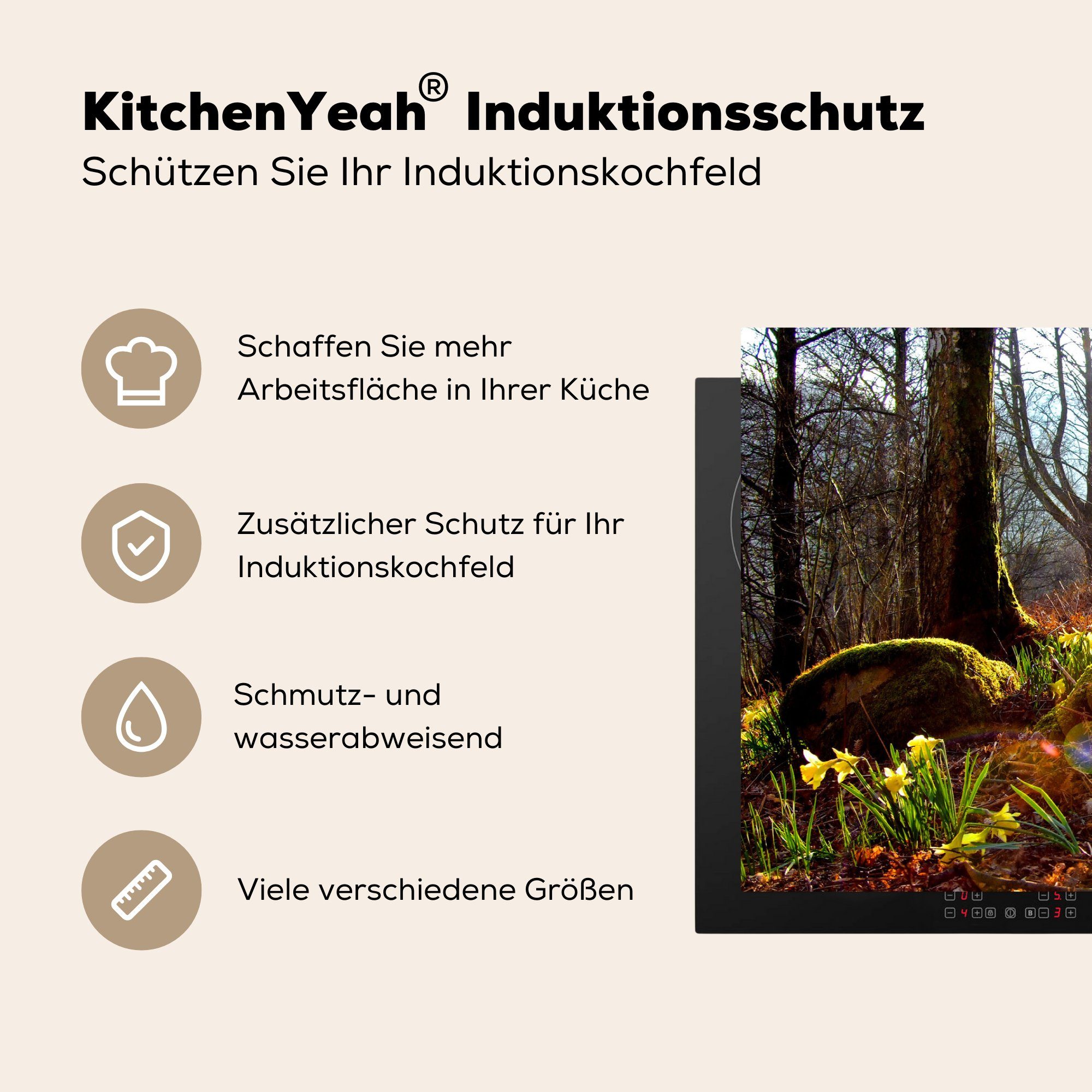 für küche, MuchoWow hügeligen Narzissen (1 Wald, 81x52 im Herdblende-/Abdeckplatte Schutz Induktionskochfeld tlg), die cm, Ceranfeldabdeckung Vinyl,