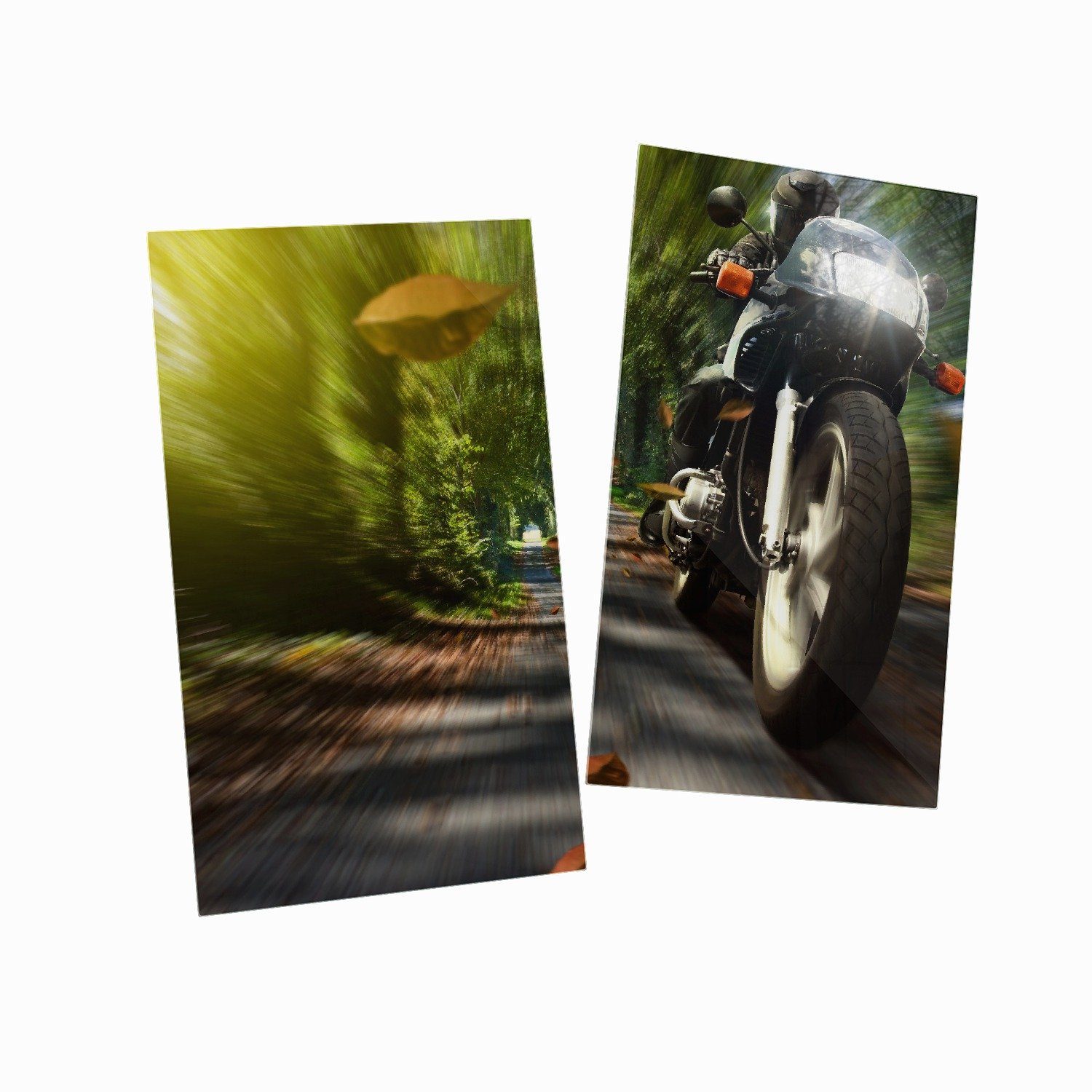 Wallario Herd-Abdeckplatte Fahrendes Motorrad ESG-Sicherheitsglas, 5mm verschiedene 2 inkl. Größen tlg., (Glasplatte, im Herbstlaub, Noppen), mit Wald