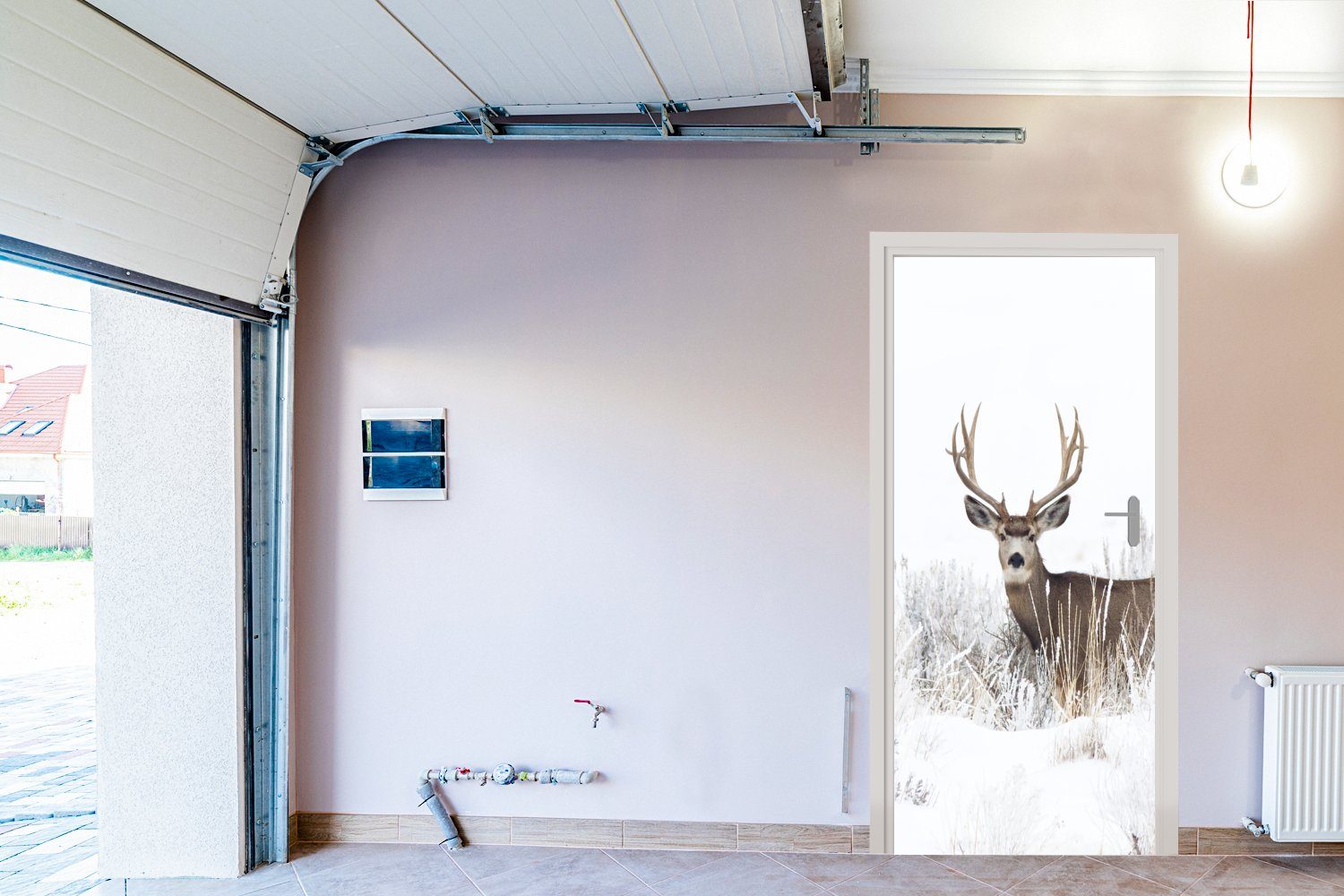 MuchoWow Türtapete Hirsche - Weiß, - Türaufkleber, cm Jahreszeiten Winter St), (1 75x205 - Tiere für Tür, Fototapete bedruckt, Schnee Matt, - 