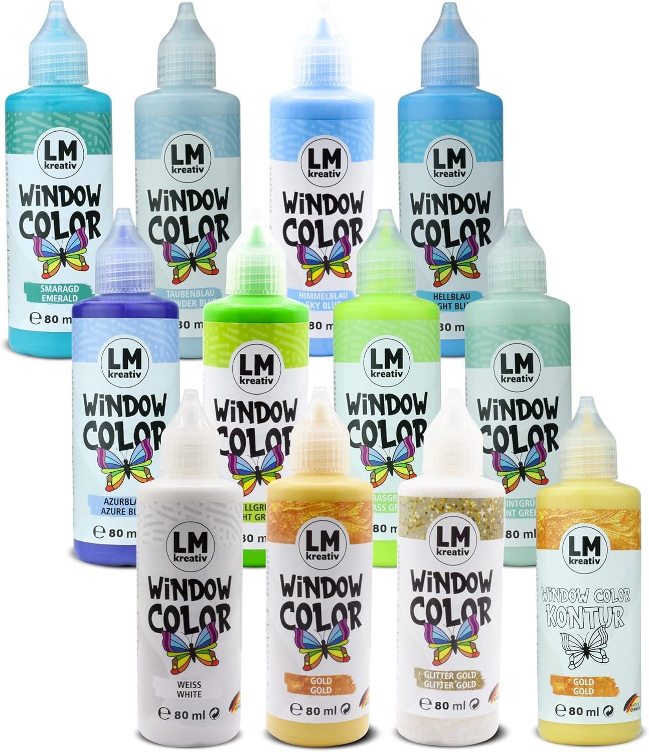 LM-Kreativ Bastelfarbe Window Color Set (12 x 80 ml Enjoy Yourself inkl. Konturfarbe), XXL-Set, wiederablösbar, inkl. Konturen, Folien & Vorlagenheft