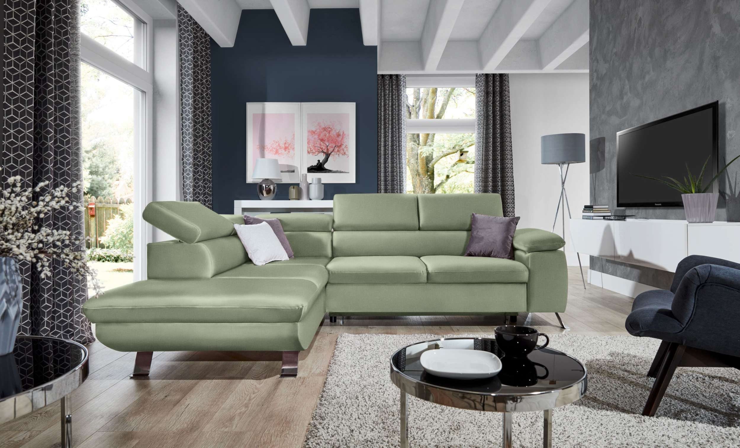 Stylefy Ecksofa Bettfunktion, Modern Eckcouch, L-Form, rechts Metall, im und Kopfteilverstellung, Bettkasten Raum Tiara, oder mane mit bestellbar, links Design stellbar, frei