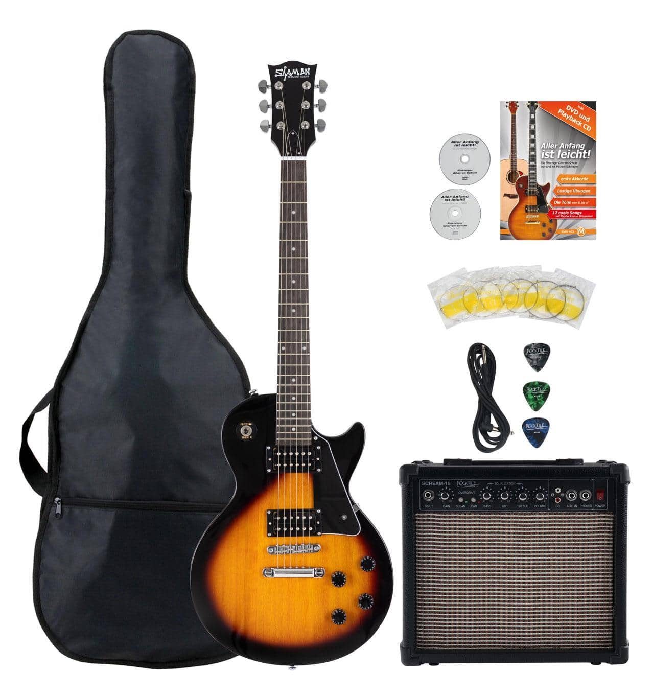 Shaman E-Gitarre SCX-100 - Single Cut-Bauweise - Mahagoni Hals - Macassar-Griffbrett, inkl. 15W Gitarren Amp & 5 teiligem Zubehörset