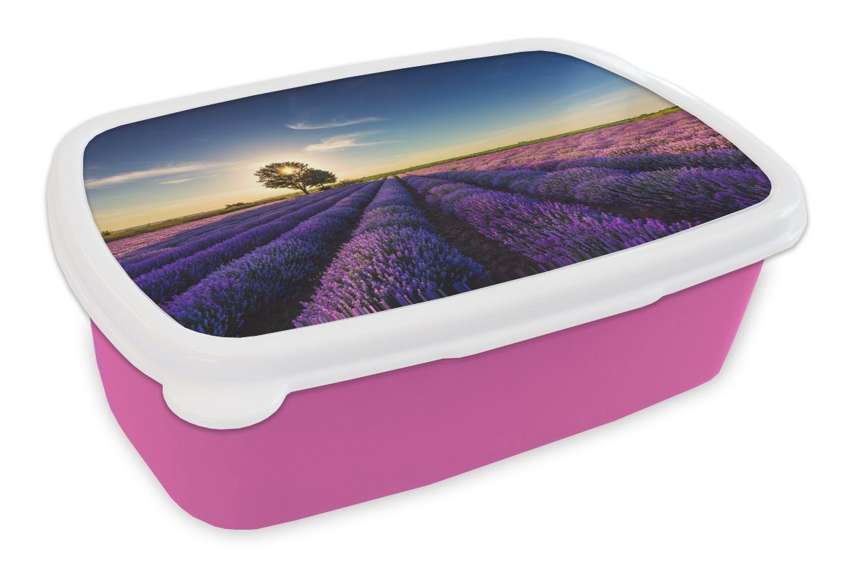 MuchoWow Lunchbox Lavendel - Sonne - Baum - Blumen - Lila, Kunststoff, (2-tlg), Brotbox für Erwachsene, Brotdose Kinder, Snackbox, Mädchen, Kunststoff rosa