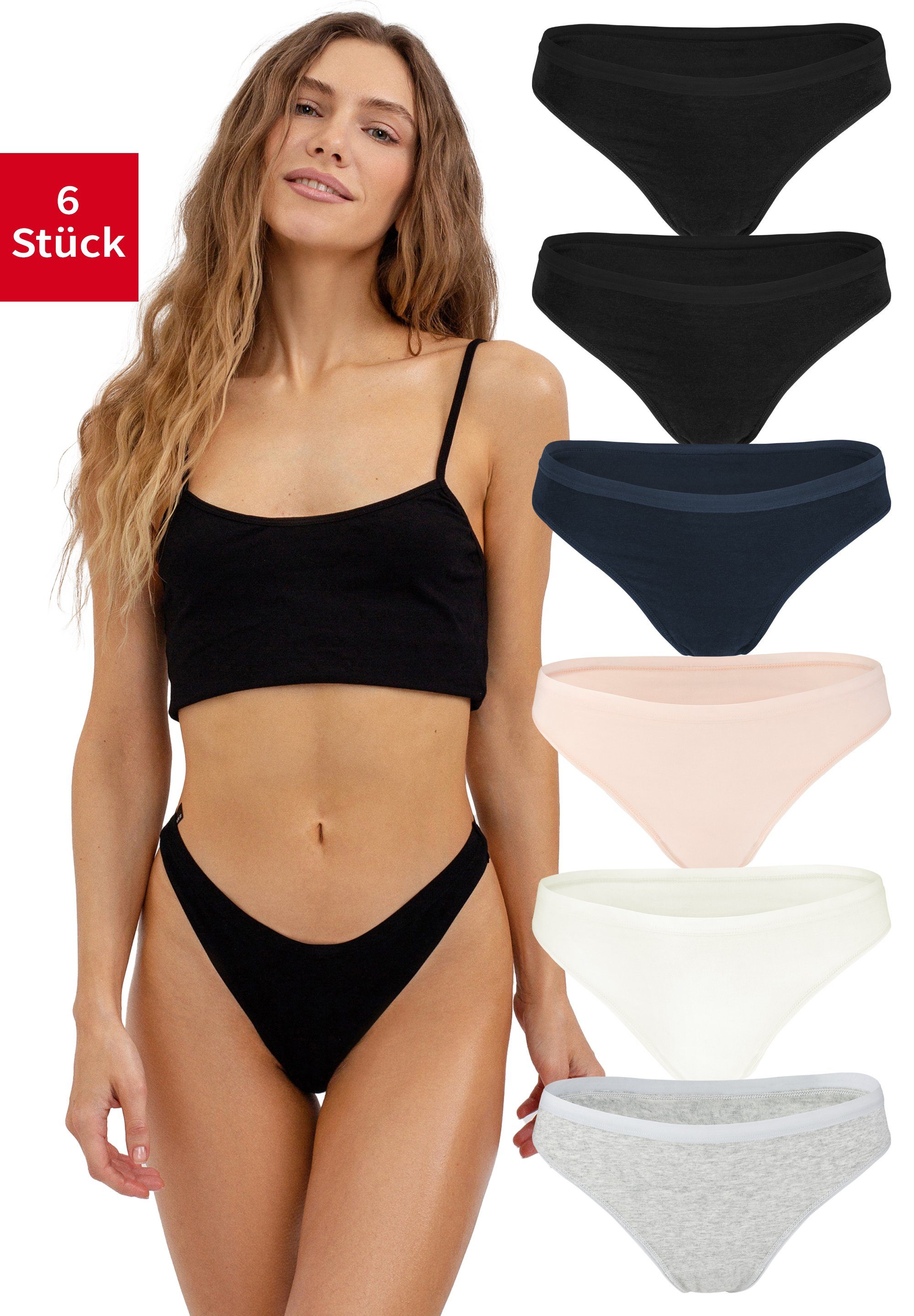 (Packung, aus im Farini Frauen Tanga Damen Fabio Schnitt String Unterhosen - 6-St) sportlichen Baumwolle Grau/Créme/Rosa/Dunkelblau/Schwarz/Schwarz