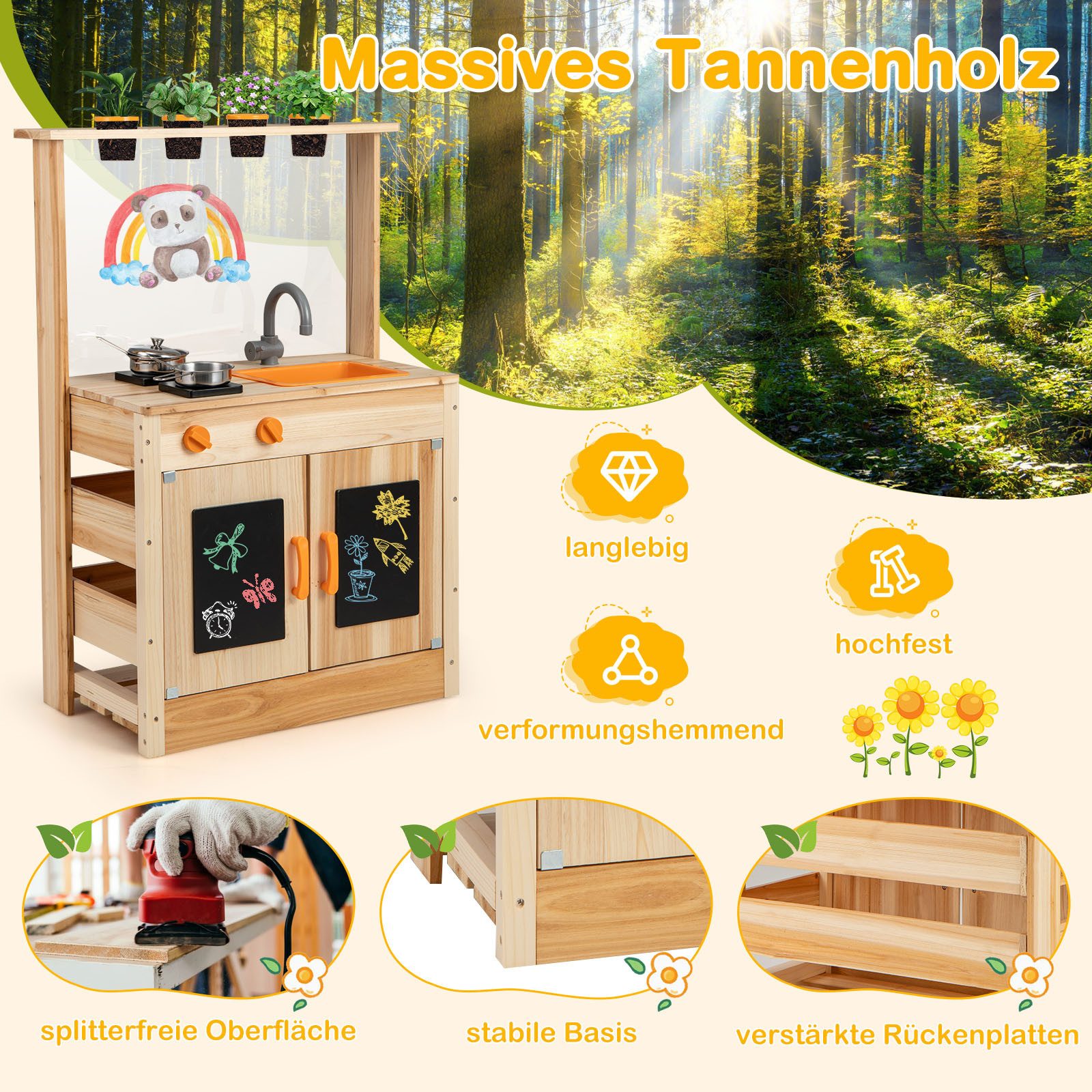 KOMFOTTEU Outdoor-Spielküche, Matschküche mit Pflanzentöpfen, Herdplatten
