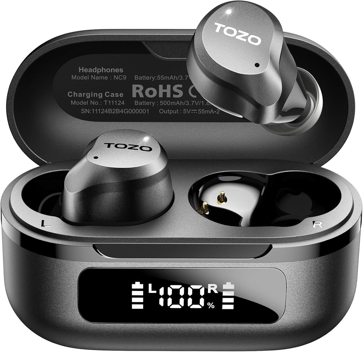 TOZO Bluetooth ANC 45dB Noise Cancelling, 60h Akku, IPX8 In-Ear-Kopfhörer (Leistungsstarke Hybrid ANC Technologie reduziert störende Geräusche und sorgt für ein intensives, ungestörtes Musikerlebnis überall im Alltag, Kabellose Audio mit 6 Mikrofonen ENC, Tiefbass, App EQ Modi)
