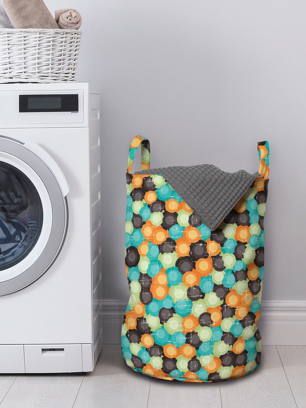 Abakuhaus Wäschesäckchen Wäschekorb mit Griffen tonte Kordelzugverschluss Geometrisch für Kreise Waschsalons, Vibrant