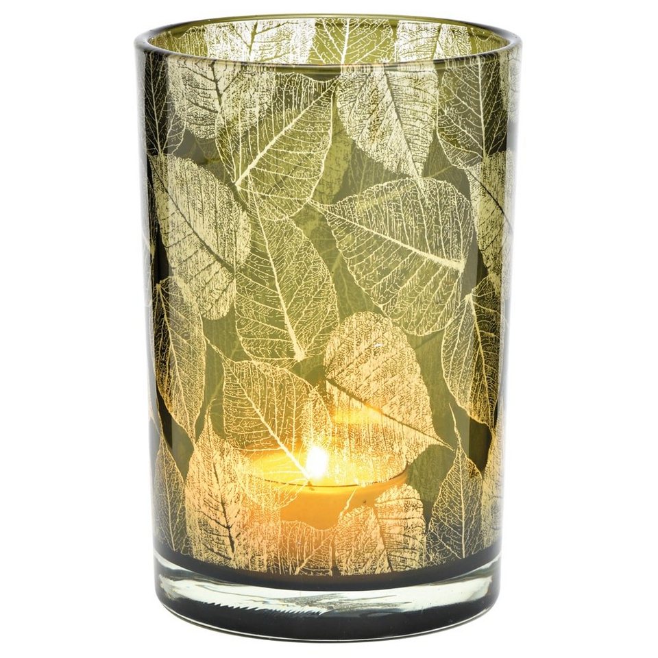 matches21 HOME & HOBBY Kerzenständer Kerzenhalter Glas mit schönen Blatt  Muster Windlicht Ø 12 cm