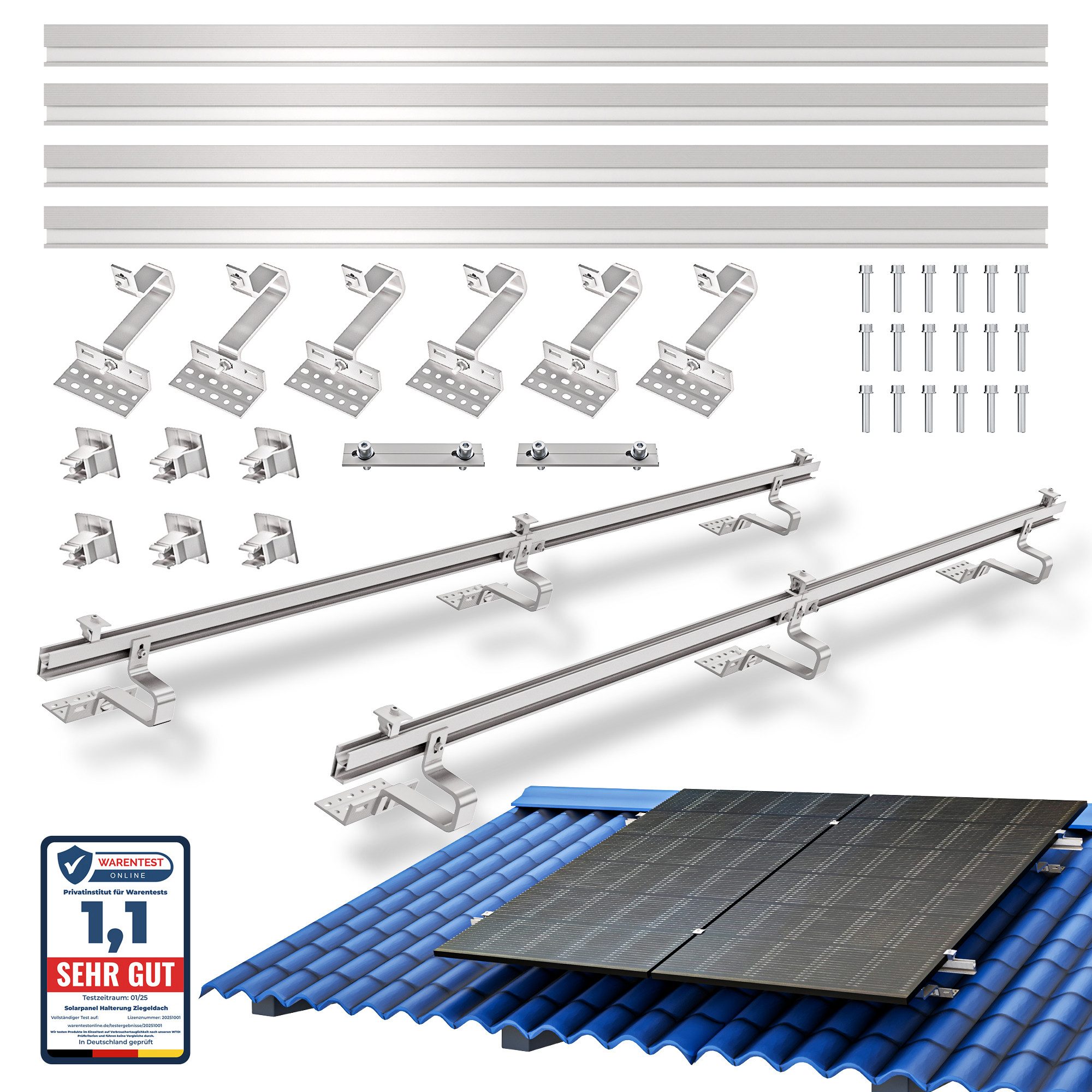 SolarMars Solarmodul-Halterung Solarpanel Halterung für Ziegeldach Balkonkraftwerk, (Komplettset Halterung Solarmodul für 28-46mm dicke Module, Solar Halterung mit Photovoltaik Dachhaken für 2 PV-Module)