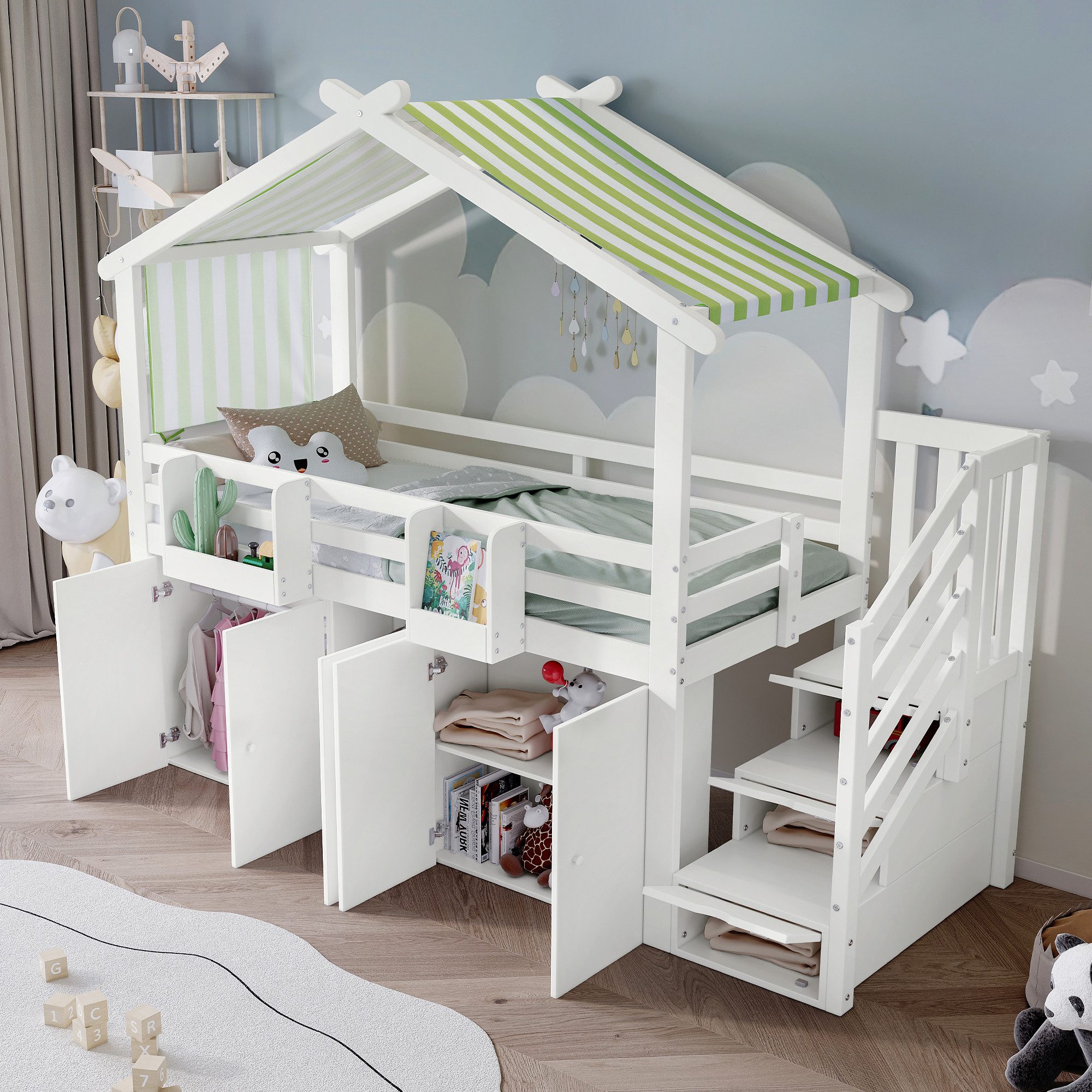 STILVORA Kinderbett 90x200 mit Matratze&Kleiderschrank,Hochbett Holzbett mit Schließfächer (Kinder-Etagenbett mit Dach, Stauraumtreppe & Kleiderschrank, 90x200cm), ohne Matratze