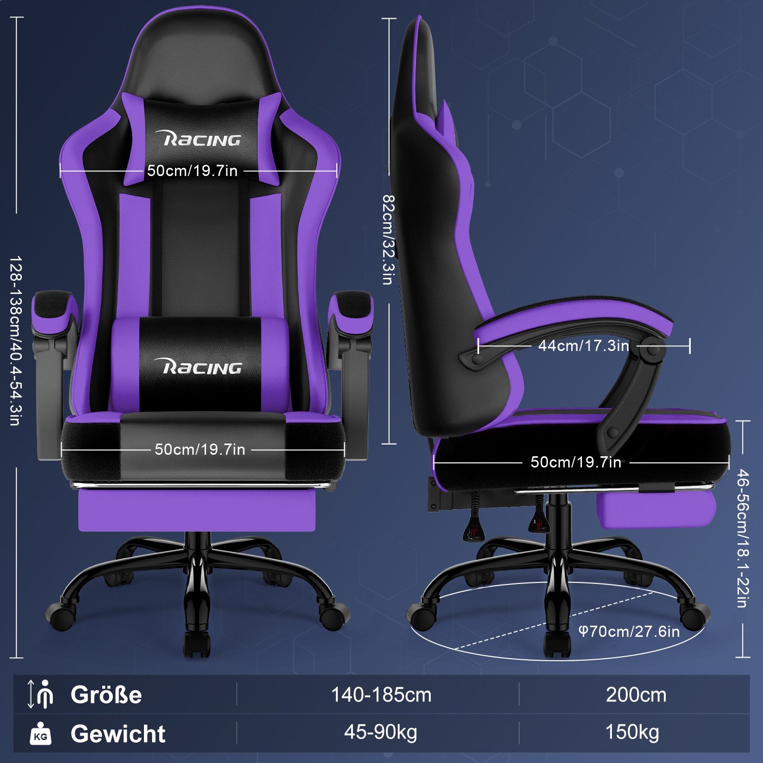 Hiazurm Gaming-Stuhl Gaming Stuhl Chair Gamer Sessel - Ergonomischer Gamer Stuhl (Tragkraft 150 Kg), Gamingstuhl mit Fußstütze Kopfstütze und Lordosenstütz PC Sessel