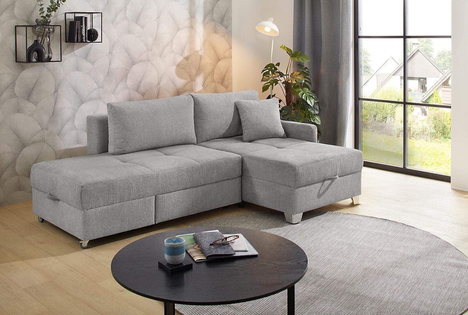 Jockenhöfer Gruppe Ecksofa LEMBERG, Grau, Chenille, mit Kissen, Bettkasten, Dreh-Schwenk-Funktion, B 232 x T 156 cm