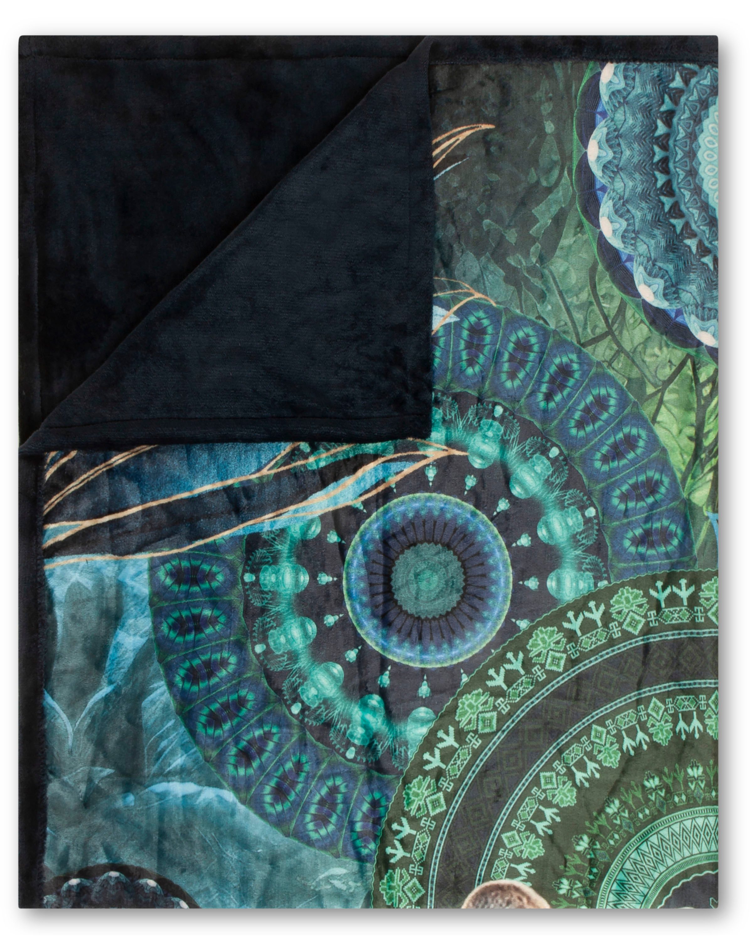 Plaid Nyah, hip, Weich, Kuscheldecke, 130x160 cm, Wendeoptik, Mandala, Leopard, Blau