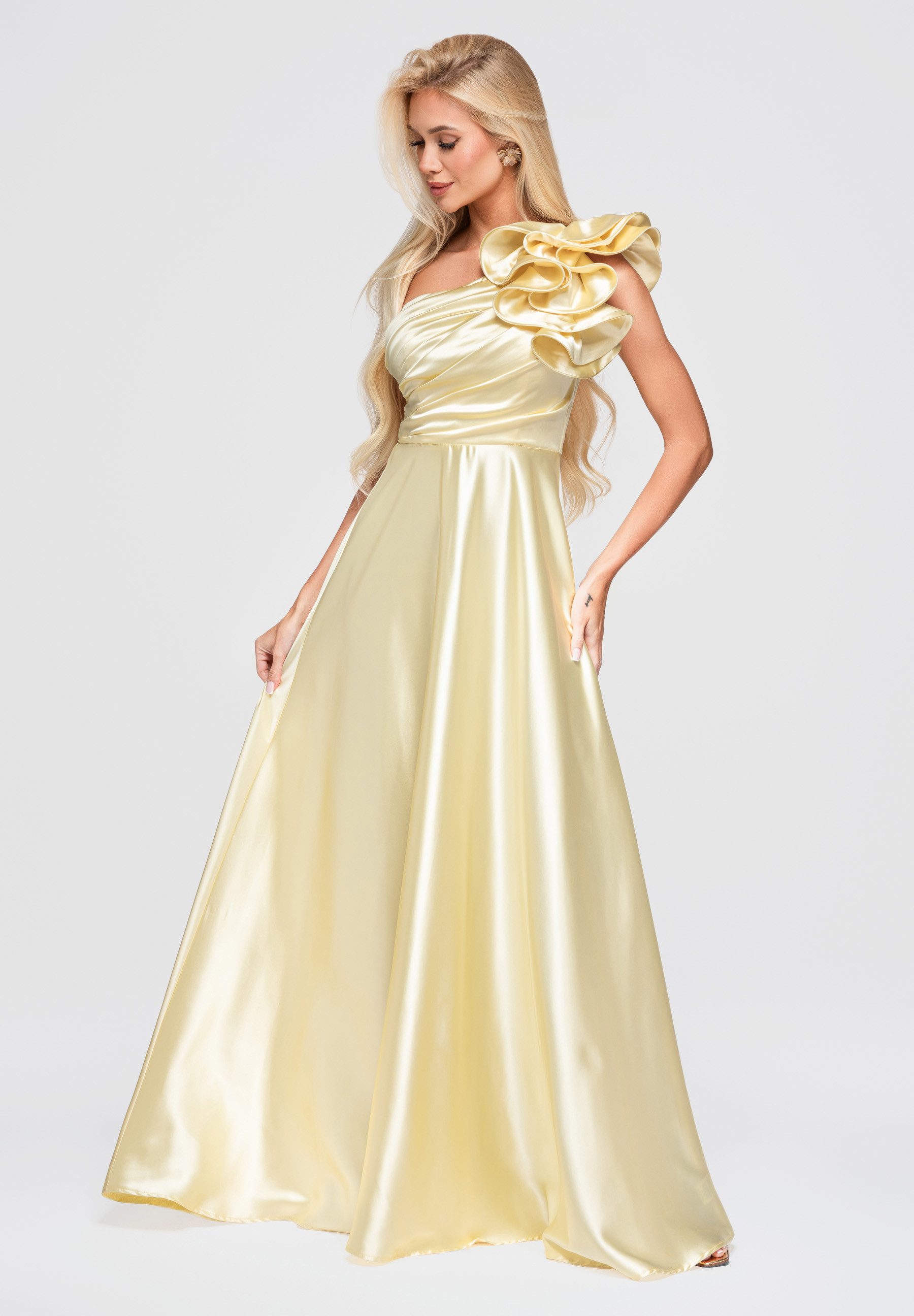 OMBRE Abendkleid Damen Abendkleid Maxi mit asymmetrischem Ausschnitt Gelb L (kein Set, 1-tlg)