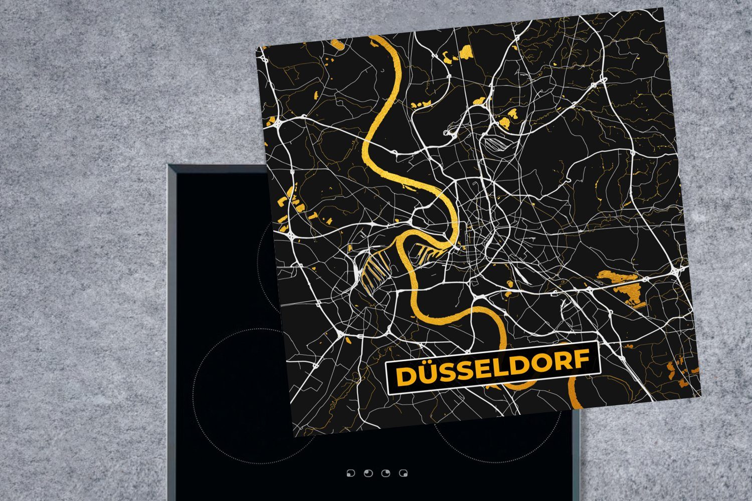 Gold Vinyl, küche - tlg), Deutschland, Düsseldorf Herdblende-/Abdeckplatte 78x78 - - Stadtplan Karte für - Ceranfeldabdeckung, cm, Arbeitsplatte MuchoWow (1