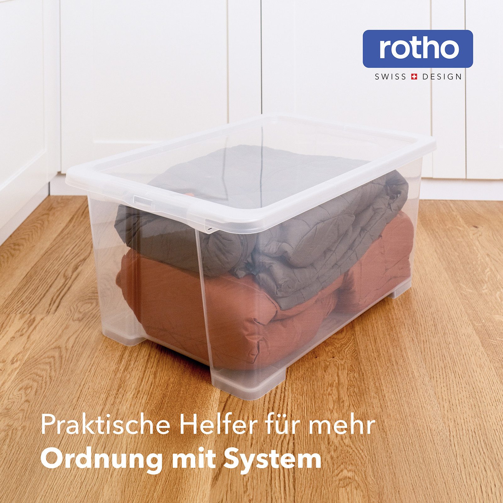 ROTHO Aufbewahrungsbox 4er-Set CORE BASIC 44L stapelbar transparente Box mit Deckel (Sichtboxen-Set, 4er-Set), Kunststoffbox ideal für Kleidung, Spielzeug und Haushaltsartikel