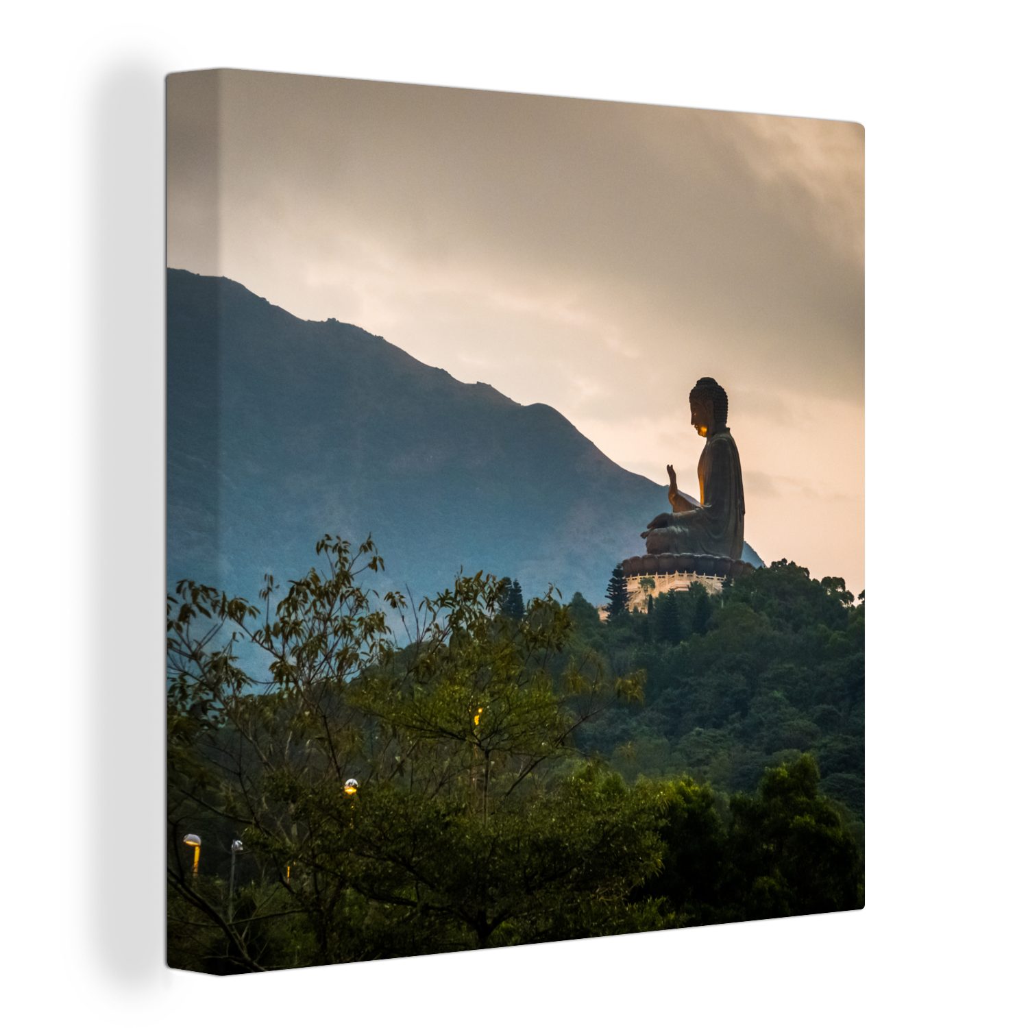 OneMillionCanvasses® Leinwandbild Seitenansicht des Tian Tan Buddha bei Sonnenuntergang, (1 St), Leinwand Bilder für Wohnzimmer Schlafzimmer