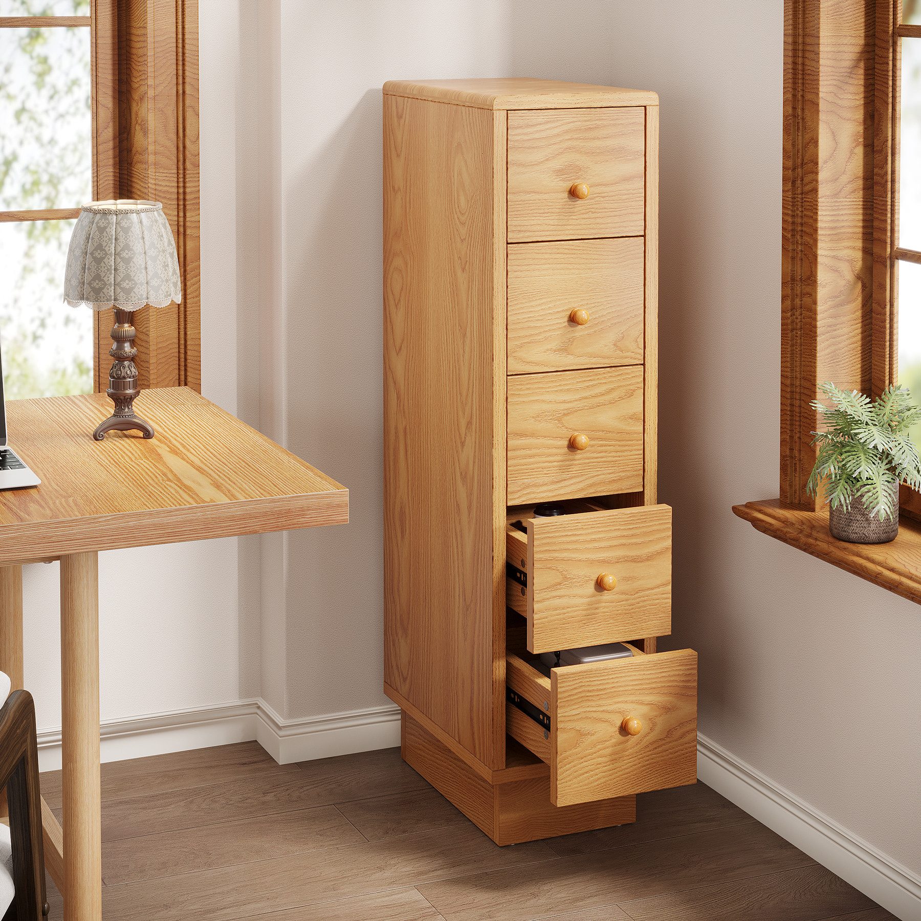 Tribesigns Kommode schmale Kommode mit 5 Schubladen, Eiche,100 × 40 × 25 cm