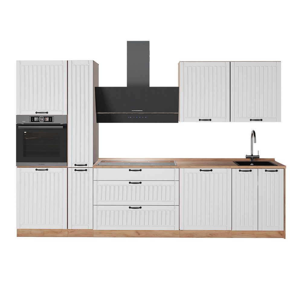 Vicco Küchenzeile Fame-Line, Weiß Landhaus/Goldkraft Eiche, 310 cm, AP Eiche