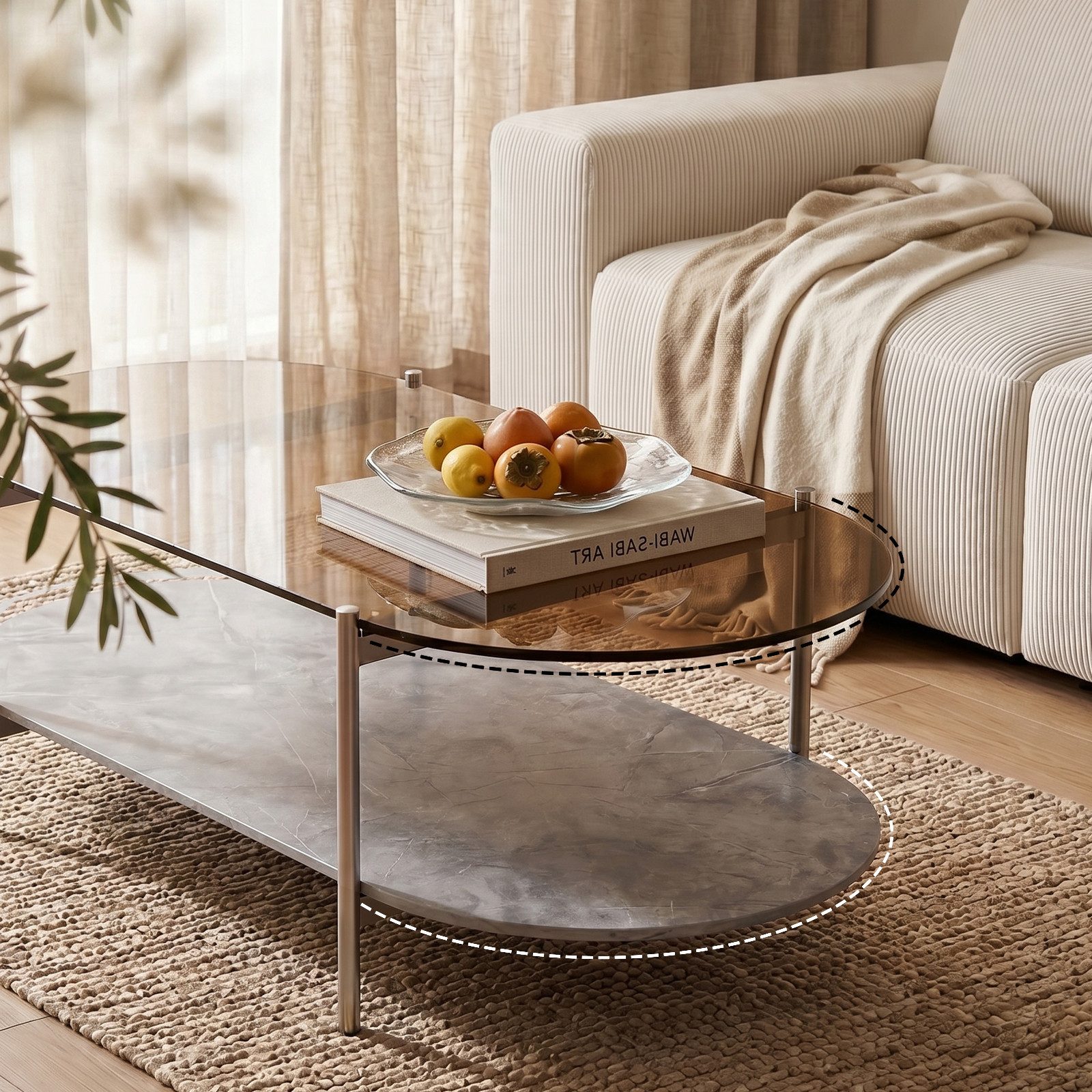 Jiexi Couchtisch Couchtisch oval Glas Grauglas Wohnzimmertisch 2 Ebenen Silber