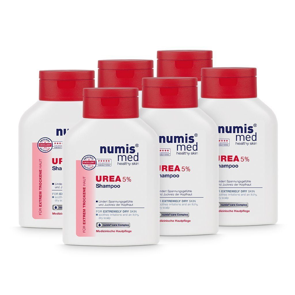 numis med Haarshampoo Haar Shampoo 5% Urea - Hautberuhigendes Haarshampoo vegan 6x 200 ml, 6-tlg.