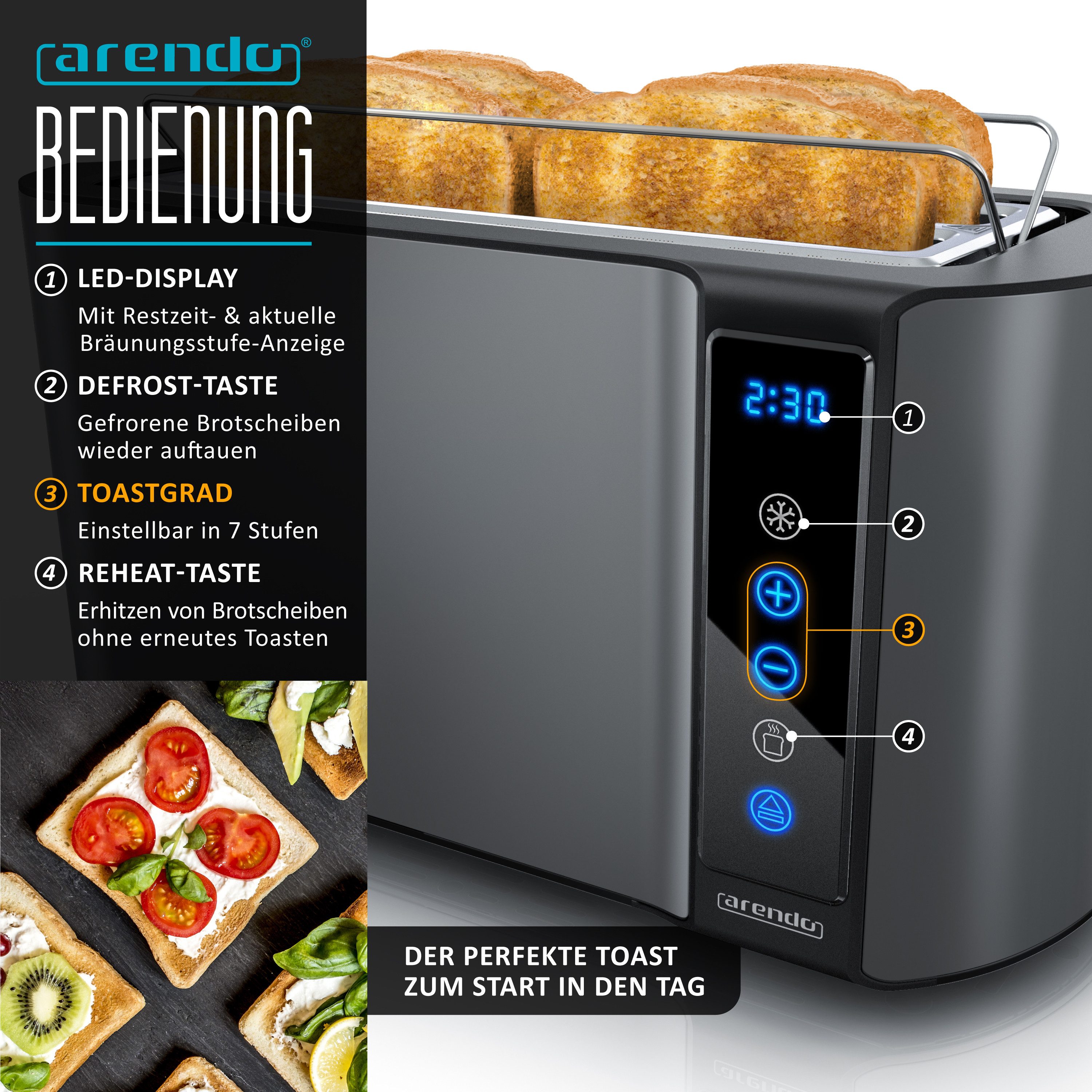 Arendo Frühstücks-Set Edelstahl Wasserkocher 1,5l, 4-Scheiben Langschlitz Toaster, Cool Grey (2-tlg), Wasserkocher mit Temperatureinstellung, Toaster Brötchenau – Bild 5 von 5