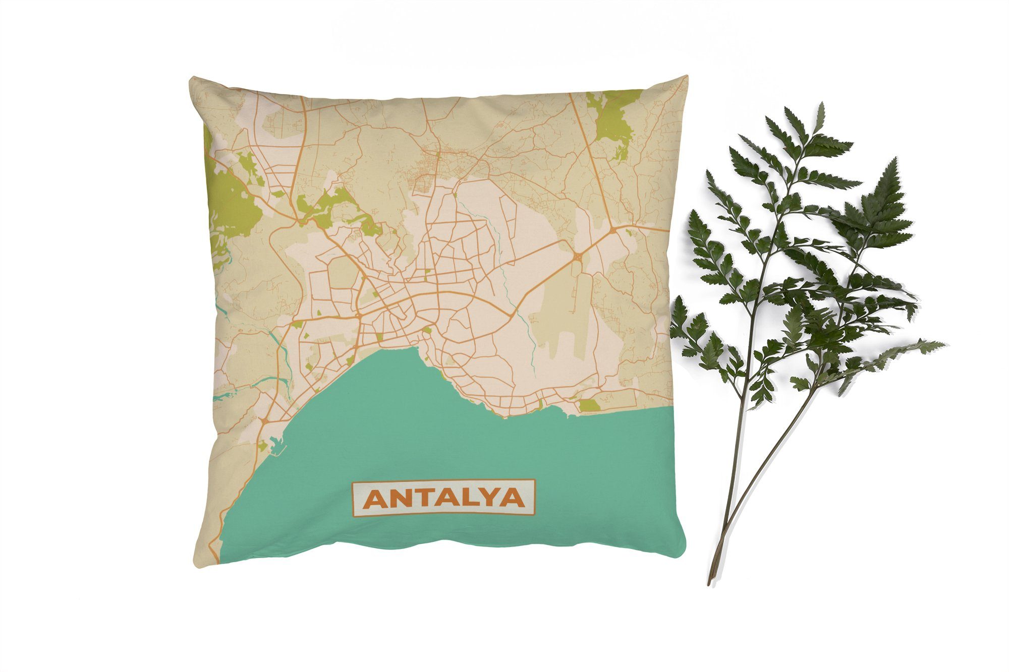 - für Dekokissen Deko, Zierkissen - Schlafzimmer, MuchoWow Antalya mit Wohzimmer, Karte Stadtplan Vintage, Füllung - Sofakissen