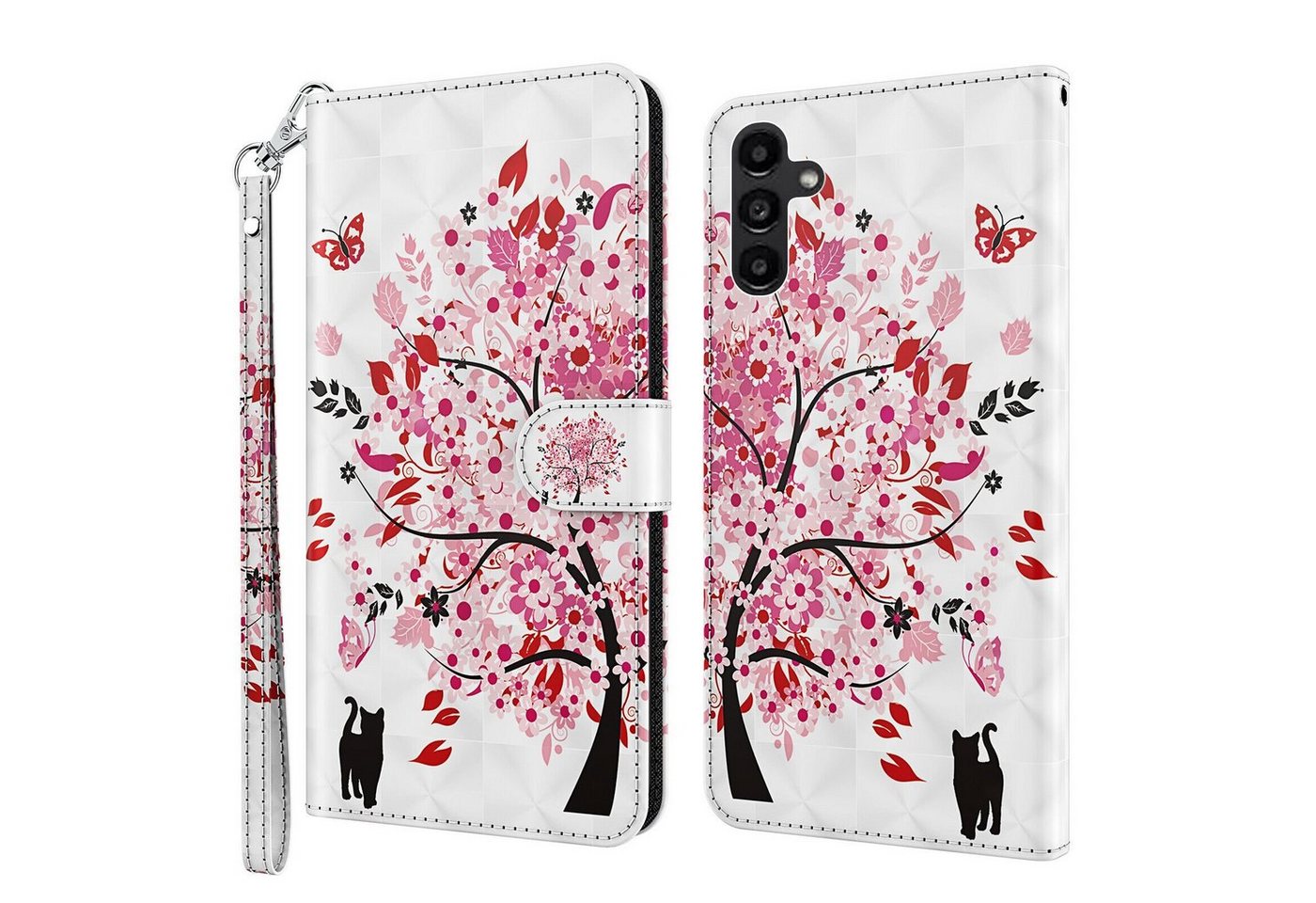 CLM-Tech Handytasche für Samsung Galaxy A16 / A17 5G Hülle aus Kunstleder Klapphülle (Baum rosa weiß, Handyhülle mit Standfunktion - Wallet Flip Case inklusive Kartenfächer), Cover mit Magnetverschluss