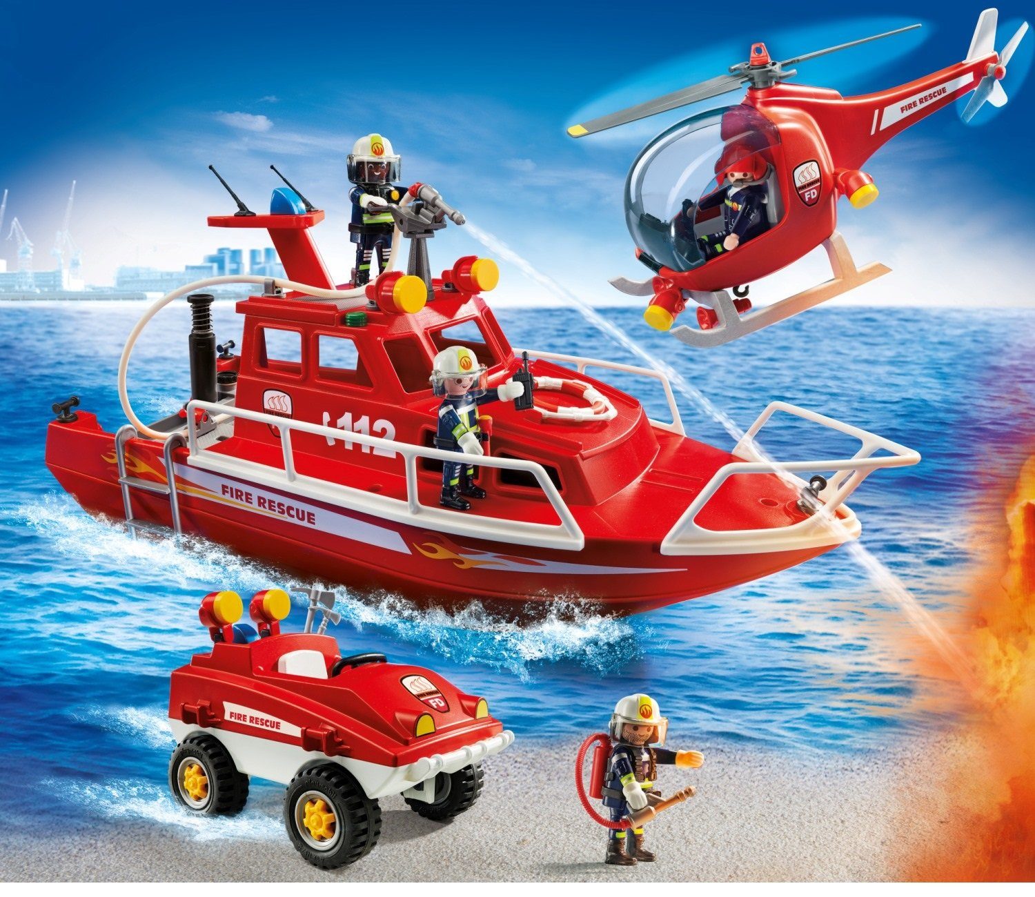 Playmobil® Spielwelt »City Action Feuerwehr-Boot Hubschrauber 9503«,  Fahrzeug Pumpe Unterwasser-Motor Hubschrauber Rettung Feuerwehr-Boot  Spielzeug-Figuren Lösch-Aktion