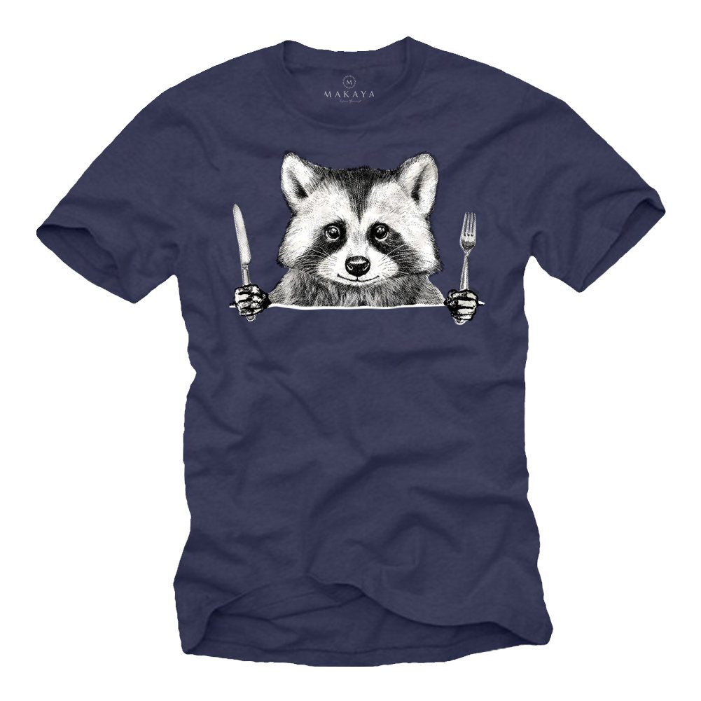 MAKAYA Print-Shirt Coole Tiermotive Waschbär Raccoon Essen Lustige Tiere Aufdruck Motiv Blau