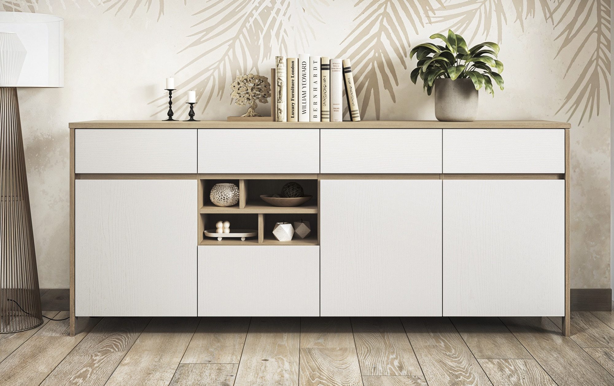 Beauty.Scouts Sideboard "Stranda" 4 Schubkästen, 4 Türen, Weiß Skandi Eiche, 193x85x39 cm