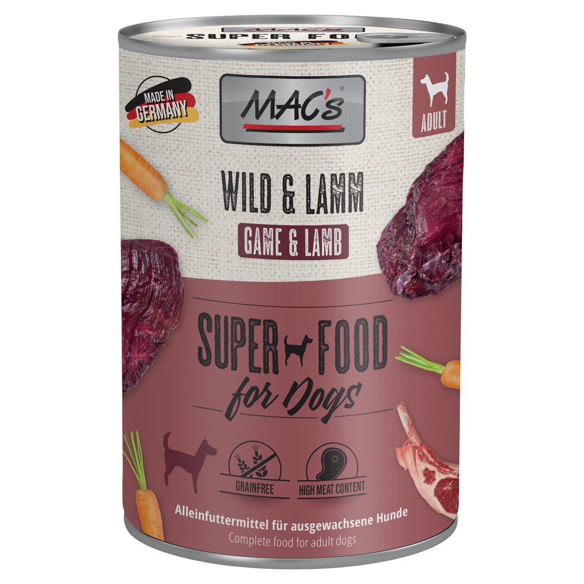 MAC'S Wild & Lamm 400 g - 6 Stück, Nassfutter für: Hund