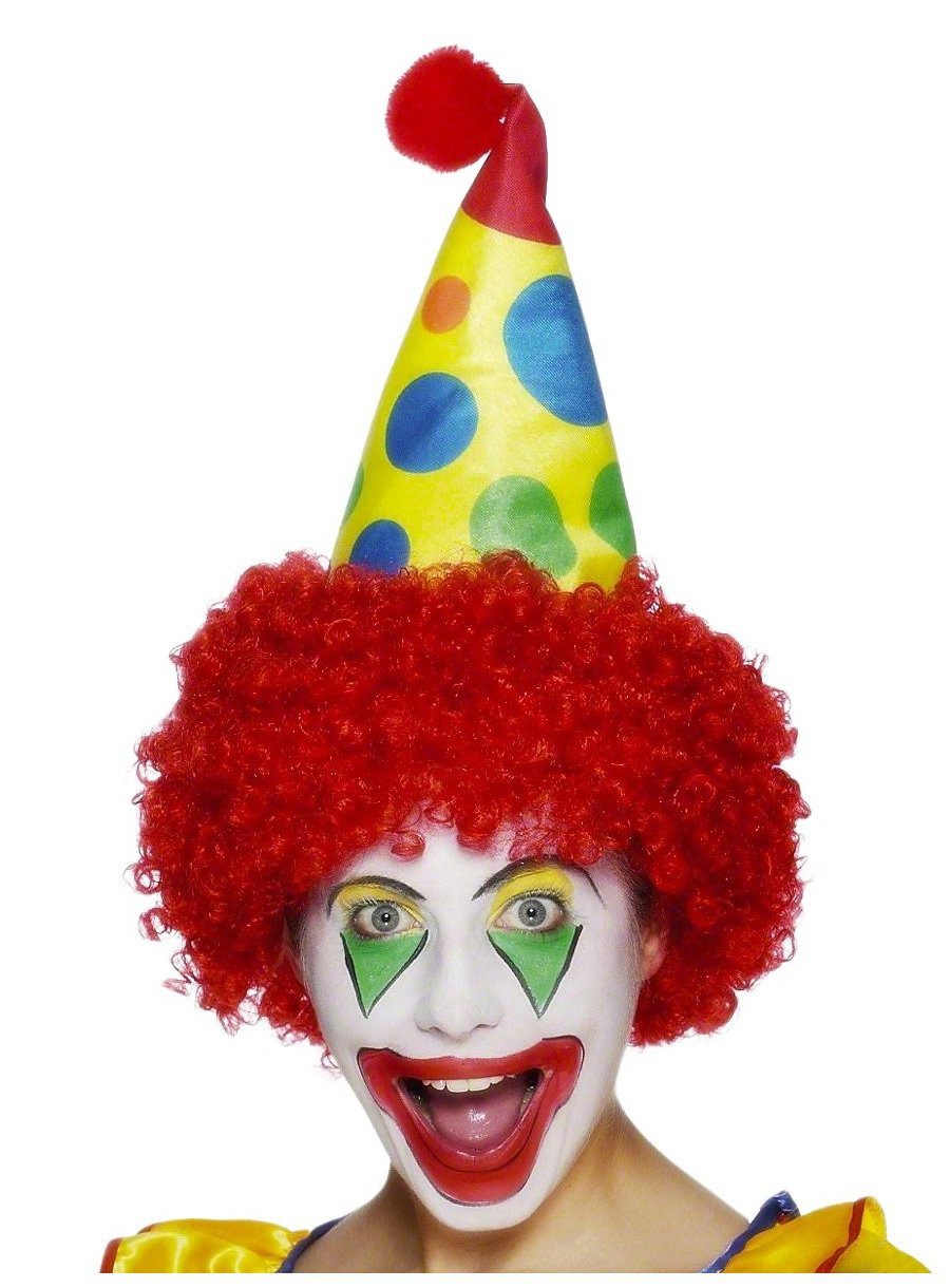 Smiffys Kostüm Clown Spitzhut mit Perücke, Kunterbunter Clownshut mit Wuschelperücke