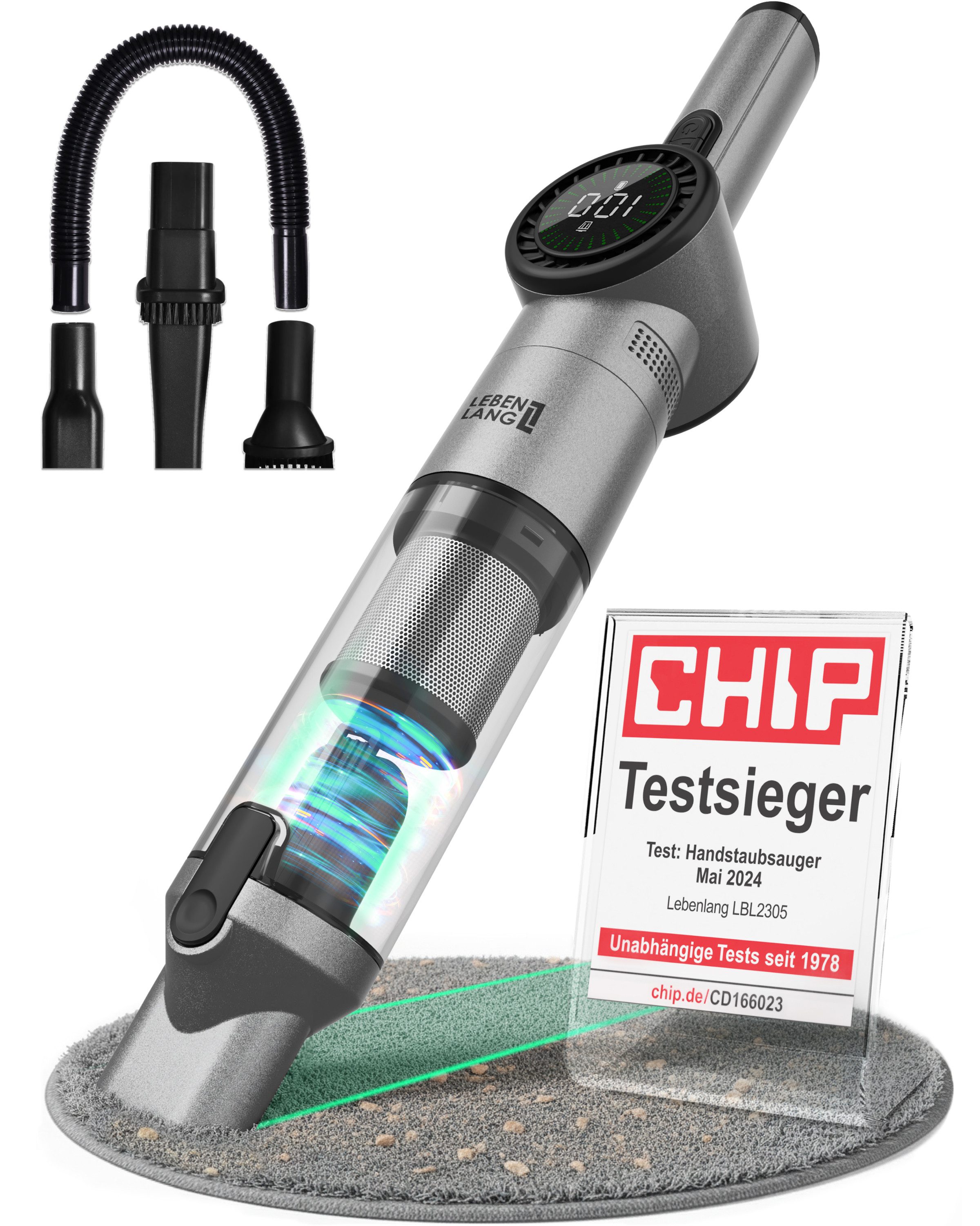 Lebenlang Akku-Handstaubsauger Kabellos - Kompakter Akkustaubsauger I, 135,00 W, I Beutellos I, 17000PA mit Zwei Modi Option & Innovativem Display I Inkl Viel Zubehör