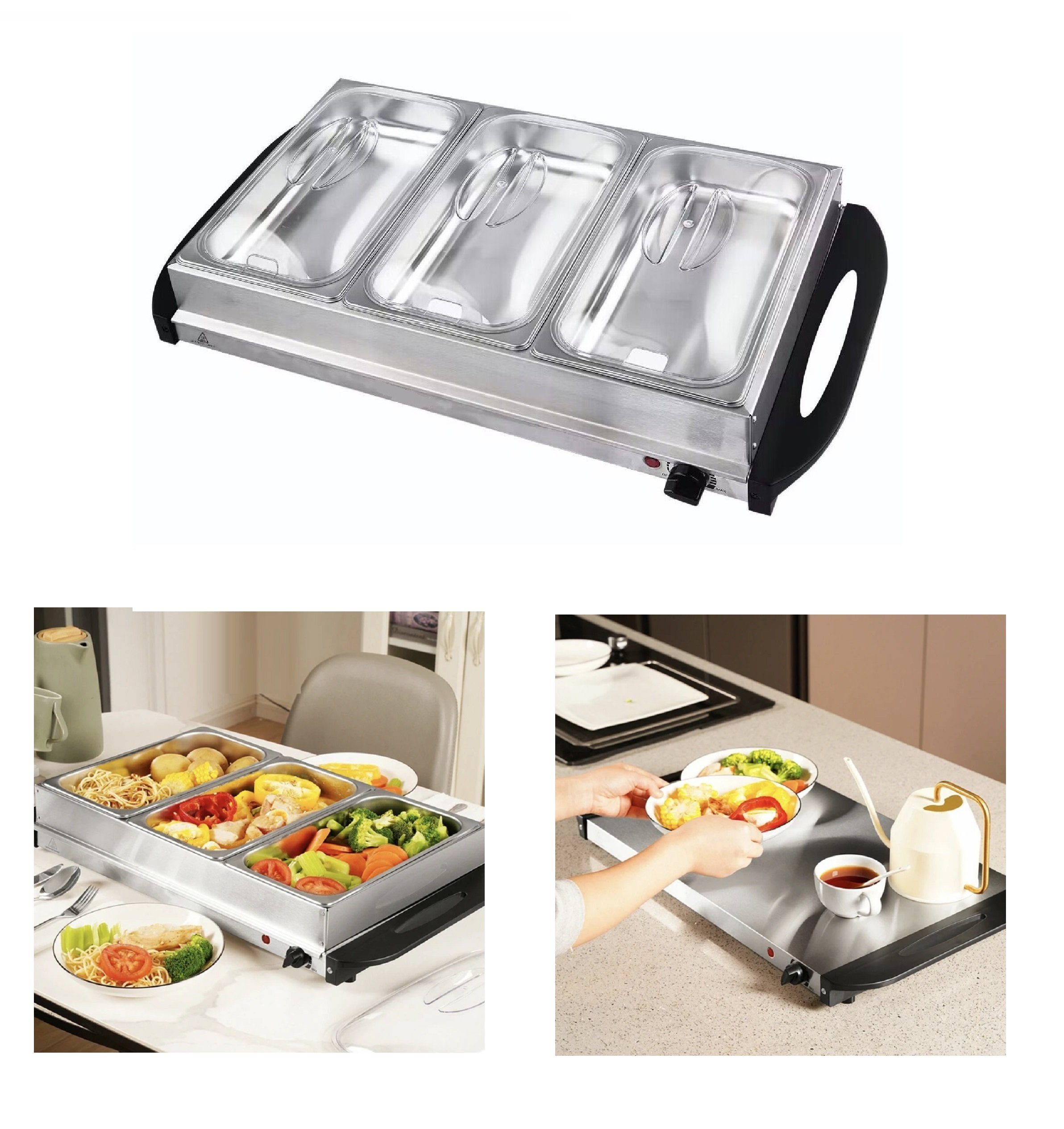 Rungassi Bratpfanne 3 Behälter Speisewärmer Warmhalteplatte Buffetwärmer 2in1 Catering, Edelstahl / Kunststoff