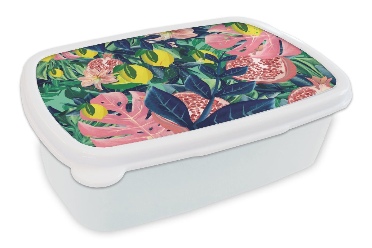 MuchoWow Lunchbox Blumen - Früchte - Farben, Kunststoff, (2-tlg), Brotbox für Kinder und Erwachsene, Brotdose, für Jungs und Mädchen weiß