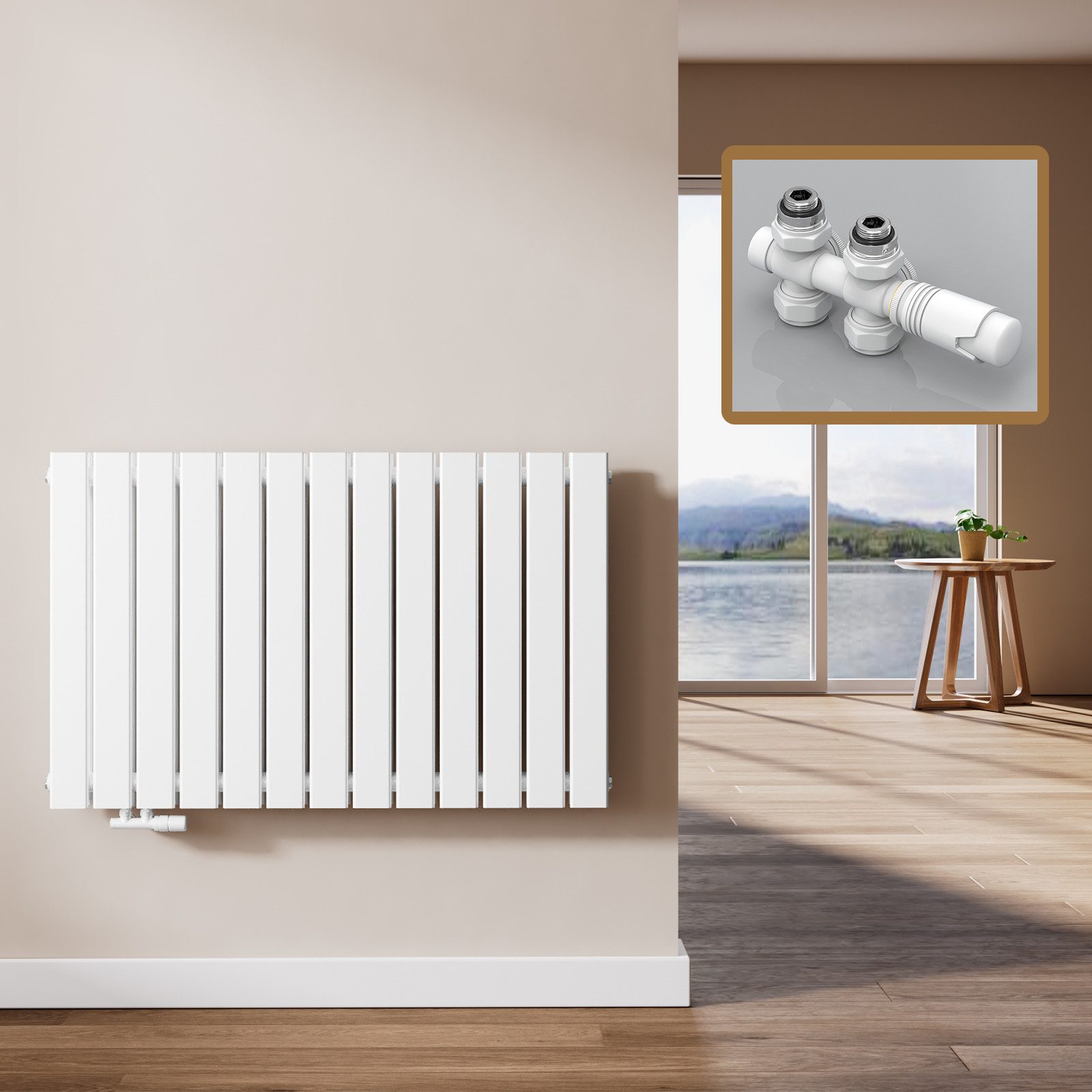 EMKE Heizkörper Doppellagig Flach Horizontal Design Paneelheizkörper, Seitenanschluss Weiß, 1308W für 12qm Raum