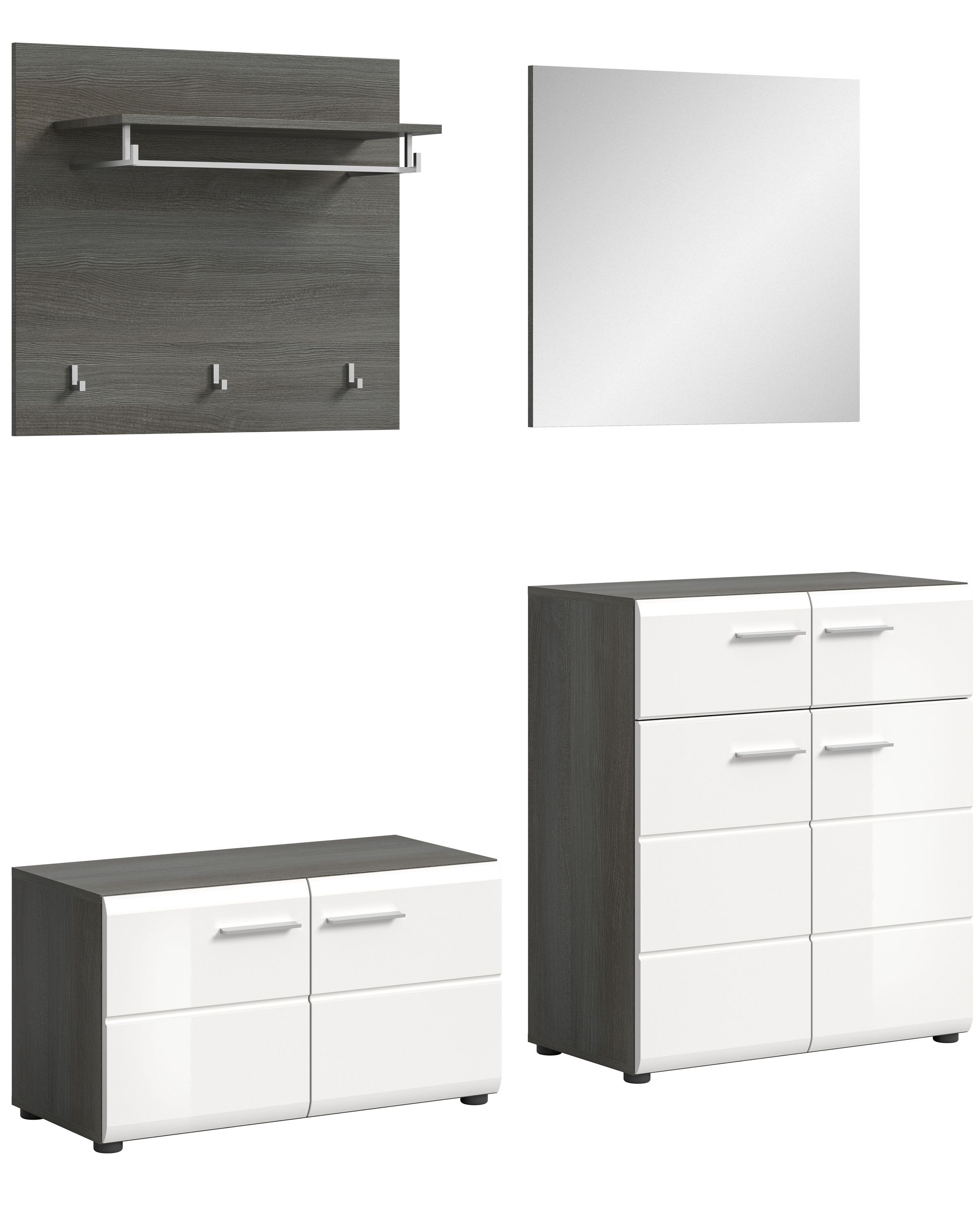 xonox.home Garderoben-Set, (4tlg. Set enthält Sitzbank, Garderobenpaneel, Schuhschrank, Spiegel), Weiß Hochglanz Rauchsilber Melamin 175x192x37 cm
