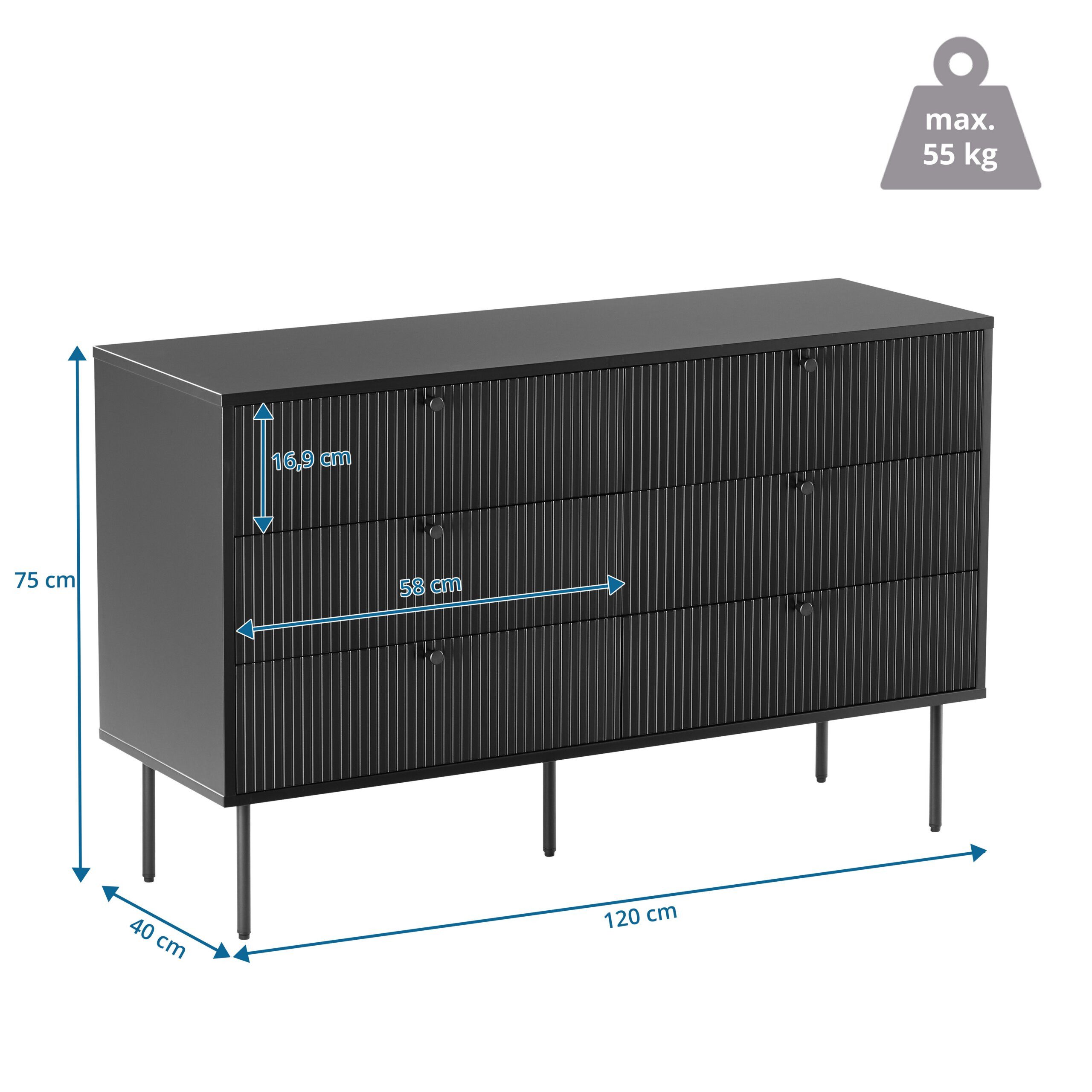 hjh LIVING Sideboard KARBY S Kommode H/B/T: 75.0 x 120.0 x 40.0 cm, Kommode mit 6 Schubladen, Industrial-Stil, viel Stauraum, Metallfüße
