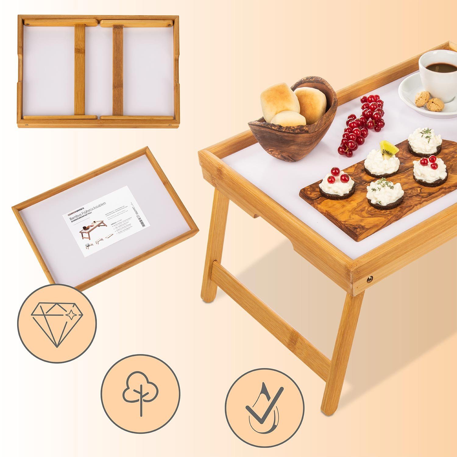 Dimono Tabletttisch Bambus Frühstückstablett Betttisch Holz Bett-Tablett, Serviertablett