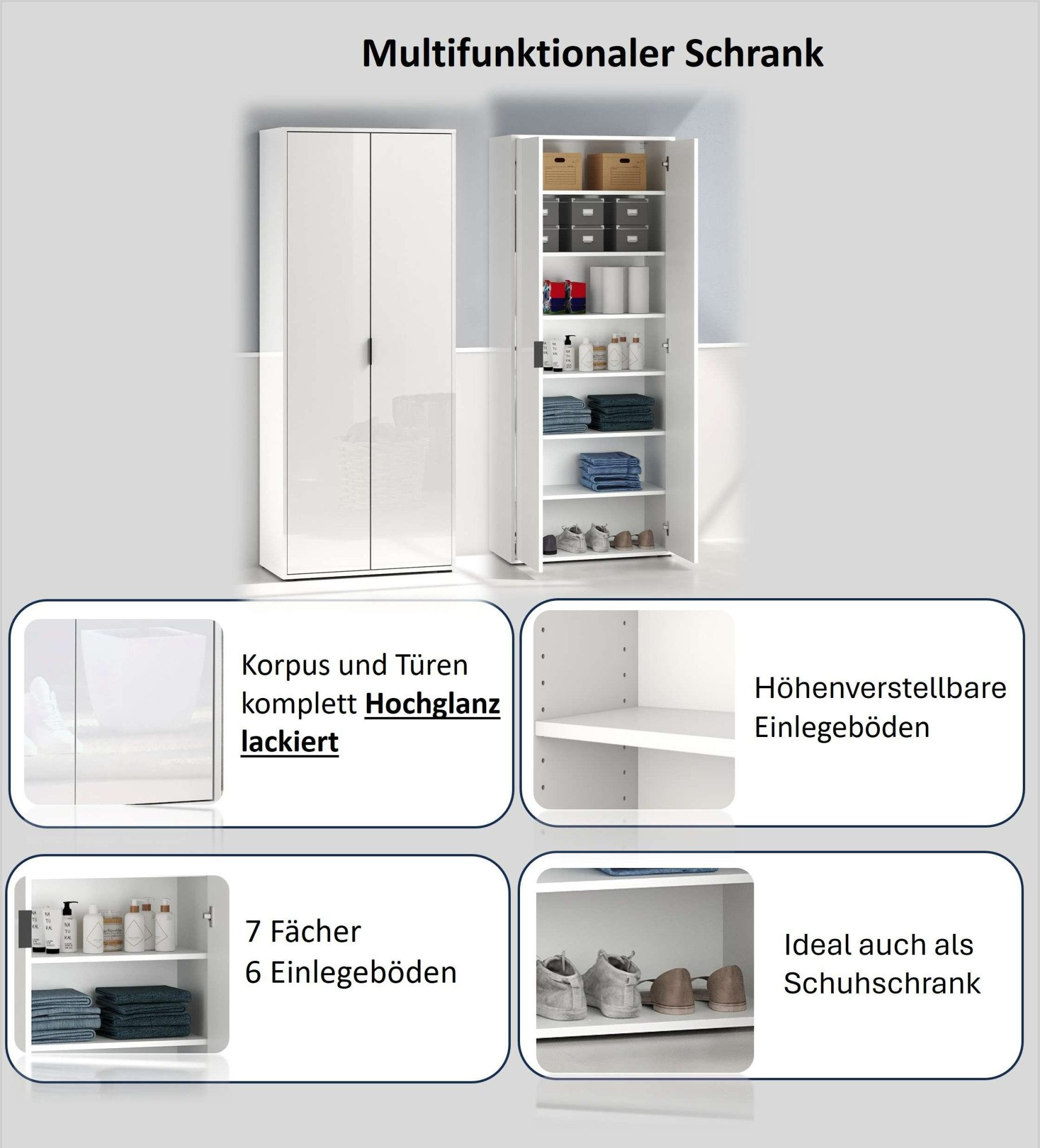 Home affaire Mehrzweckschrank JOLLY, Stauraumschrank, Breite 72,5 cm, Höhe 178 cm (1-St) 2-türiger Schrank mit 4 Einlegeböden, hochglanz lackiert – Bild 4 von 5