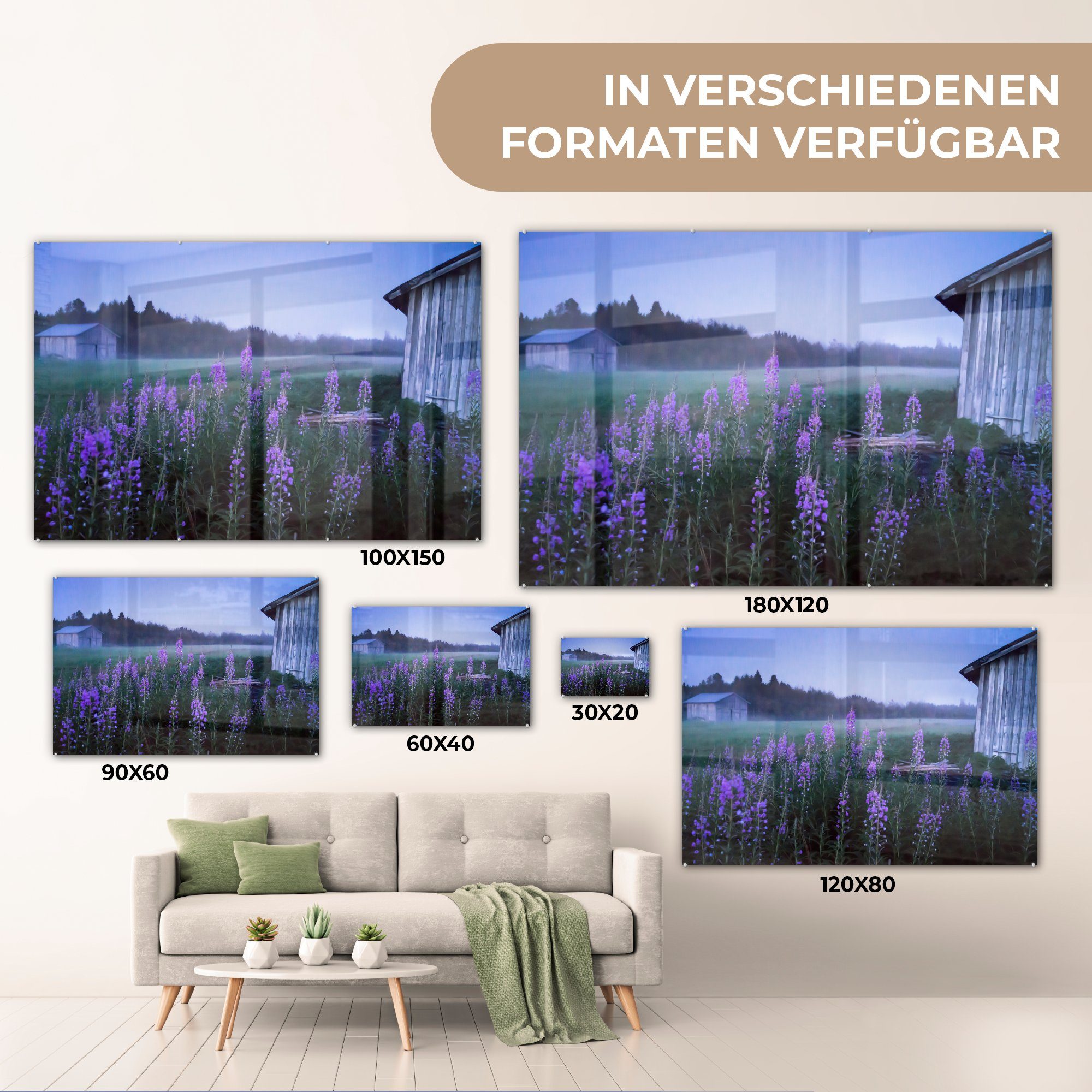 MuchoWow Acrylglasbild Holzschuppen auf & (1 Wohnzimmer Schlafzimmer Acrylglasbilder Feld Finnland, St), in einem leeren