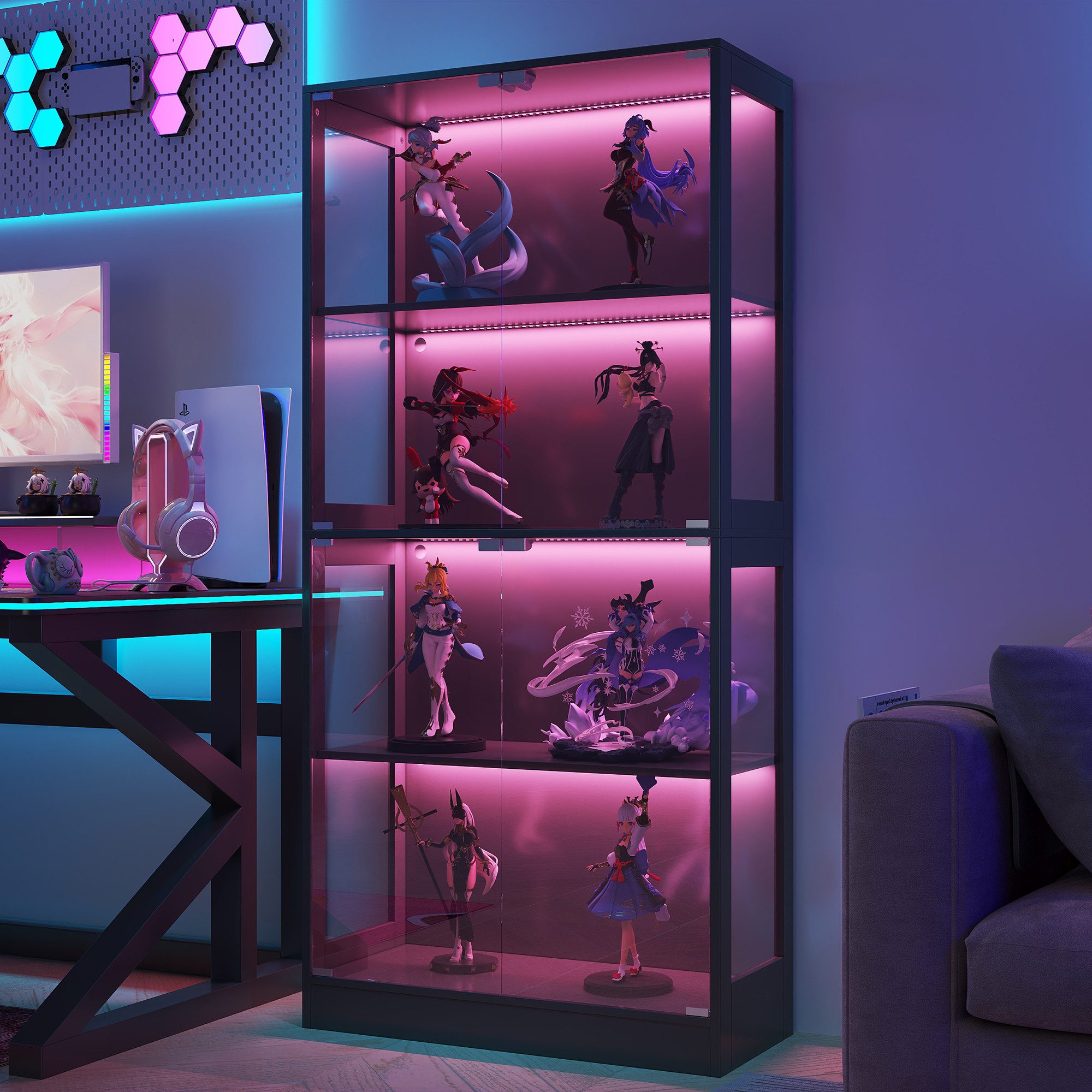 Flieks Glasvitrine Eckvitrine mit LED-Beleuchtung und 4 Glastüren (80x35x170 cm, 1-St) Standvitrine Eckschrank Hochschrank Sammlervitrine mit 4 Ebenen