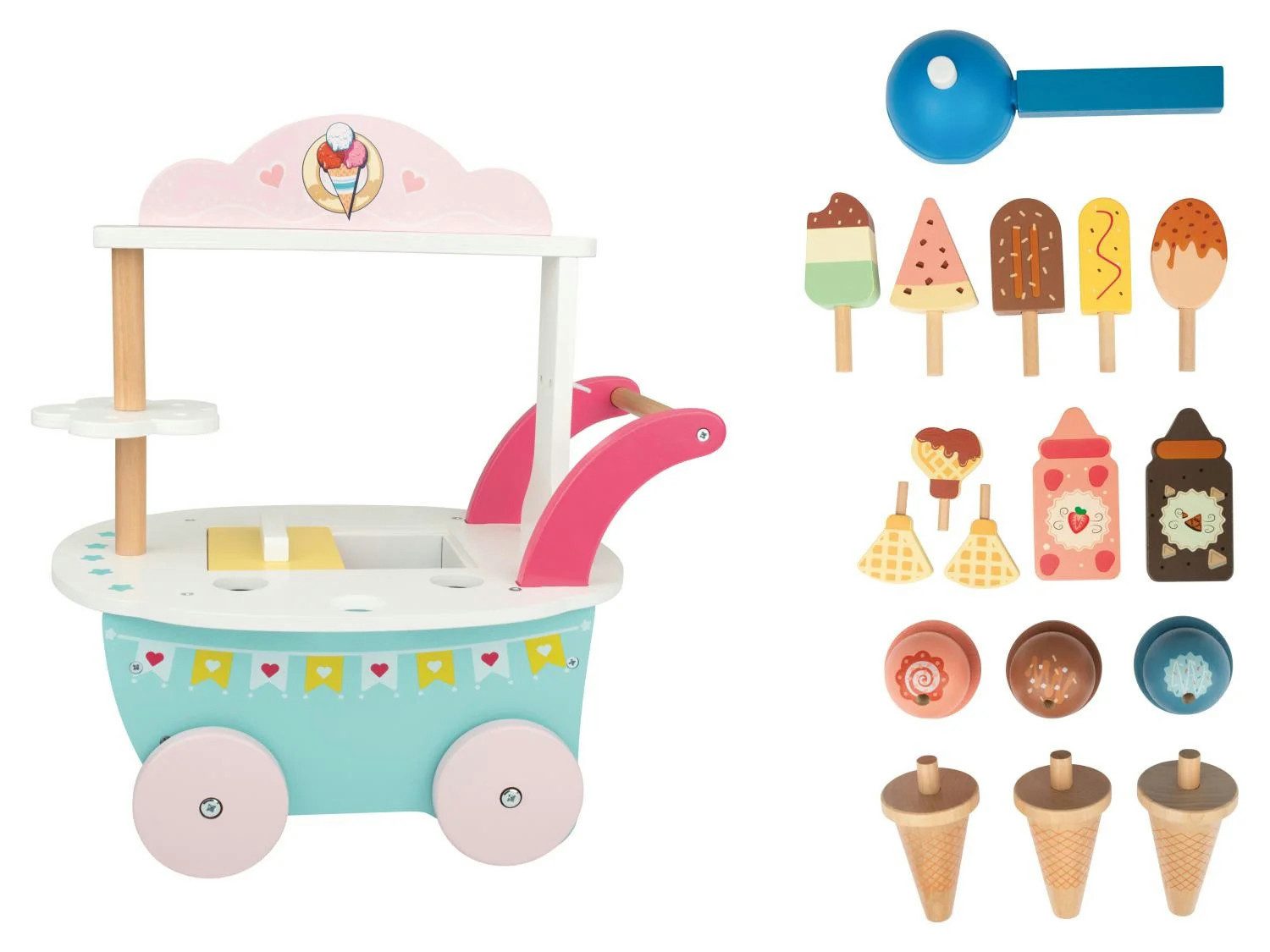 lupilu Spielzeug-Servierwagen Echt-Holz Spielzeug 18tlg Kinder Rollenspiel Eiswagen, (Komplettset, 18-tlg., 18-teiliges Set), Echtholz, Eiskremhalterungen, Eiscontainer mit beweglichem Deckel