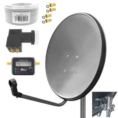 ARLI 60 cm HD SAT Anlage grau + Quad LNB + 20m Koaxialkabel + Satfinder SAT-Antenne (60 cm, Stahl, + 4x F-Stecker vergoldet Set 11150)