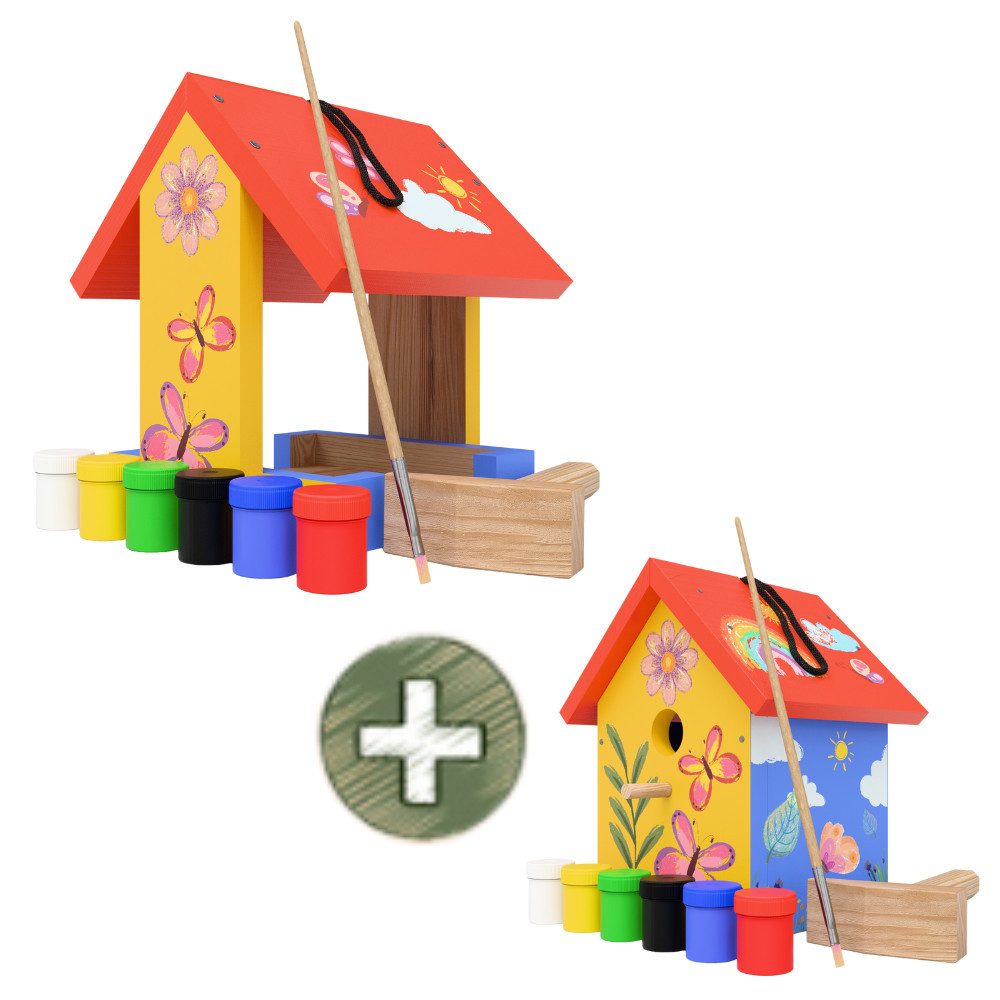 Eli Кормhaus Bausatz für Kinder zum bemalen inkl. Vorlagen - 6 Farben - Pinsel, Holzhammer - Nägel - kreative Schablone - Vogelhaus