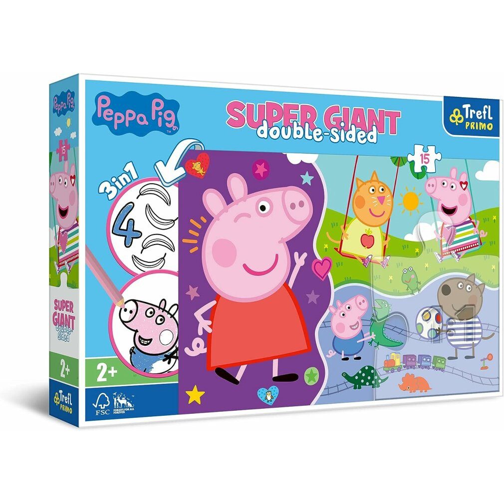 Trefl Puzzle Doppelseitiges Puzzle Peppa Pig SUPER GIANT 15 Teile, Puzzleteile
