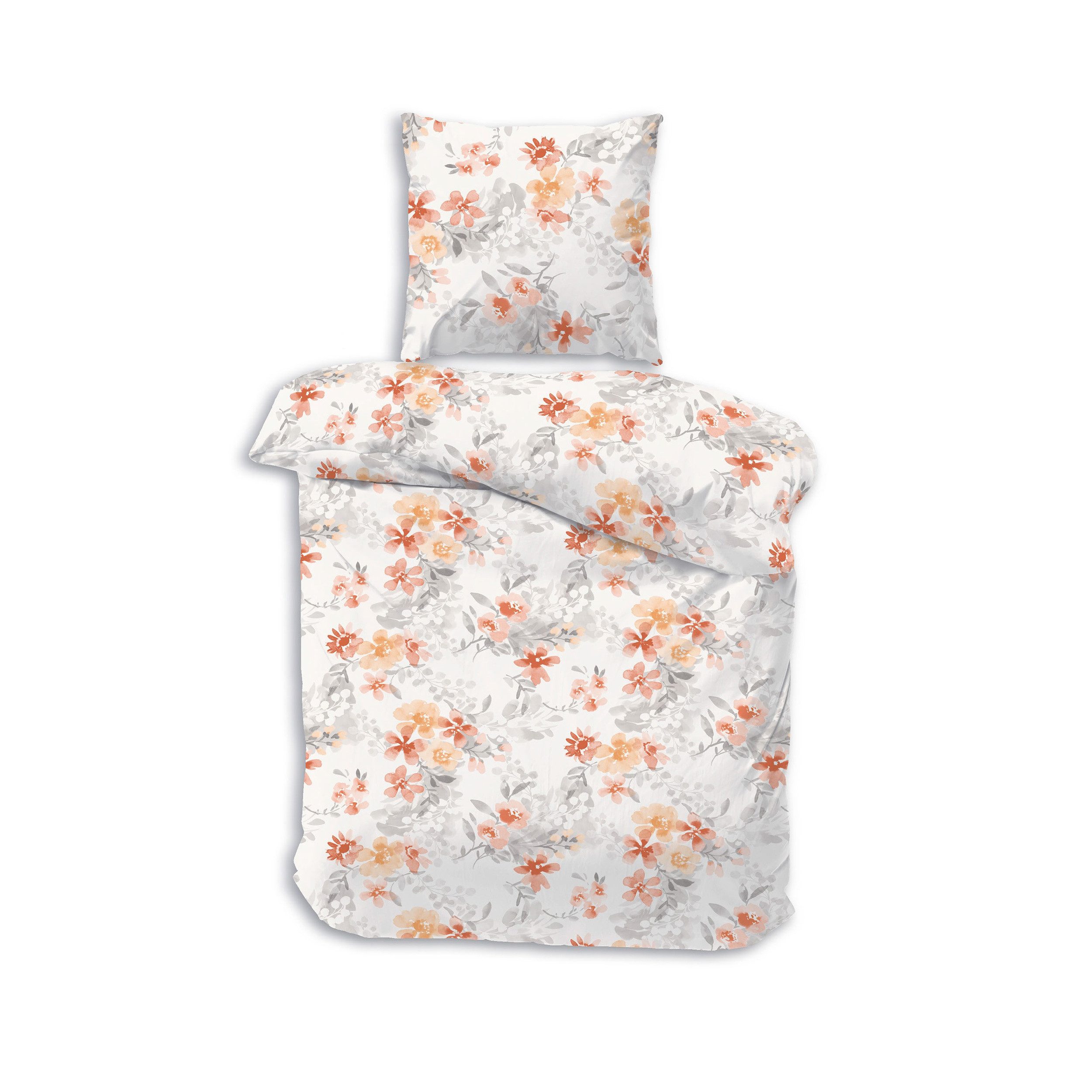 DOBNIG Bettwäsche Flanell, Flanell, 2 teilig, orange Blümchen, weißer Hintergrund