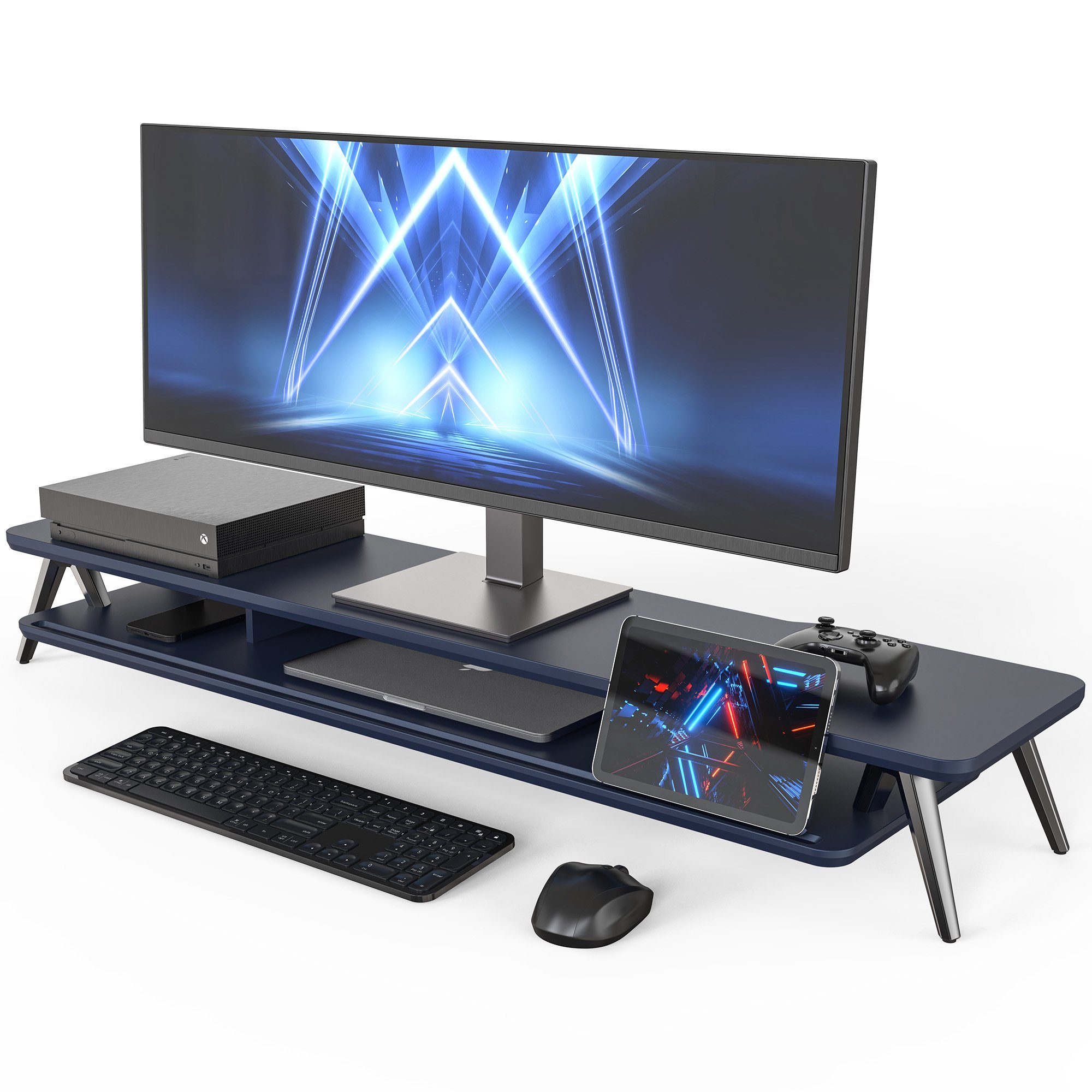 Produktbild von Fenge Dual Monitorständer 108cm - Mit 2 Acrylschubladen, Für 2-3 Bildschirme, Bis 45kg Belastbar